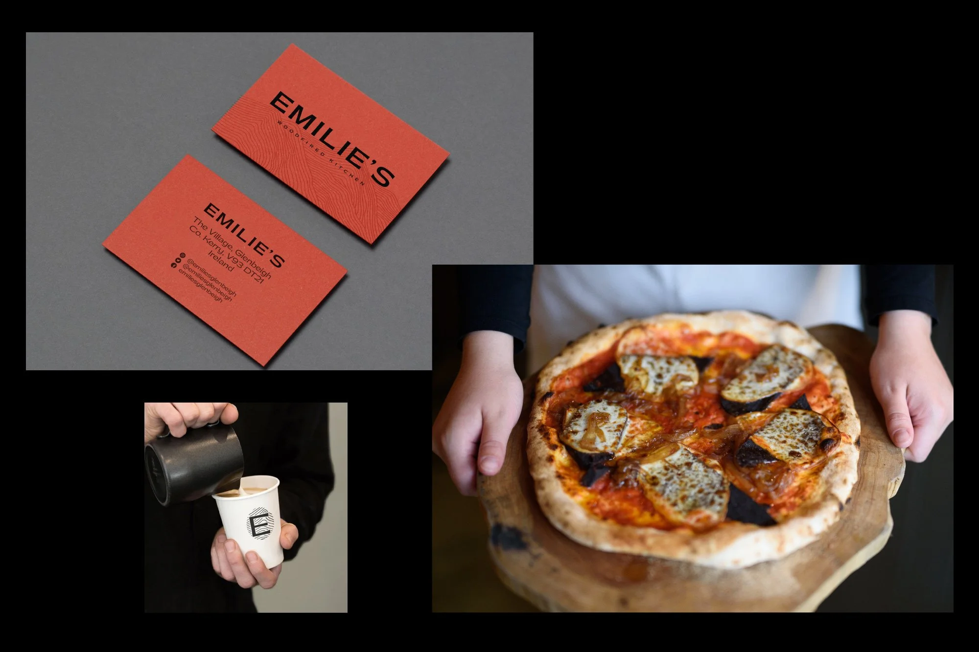 Emilie's bakery branding, with business card, coffee cup and pizza on a wooden board