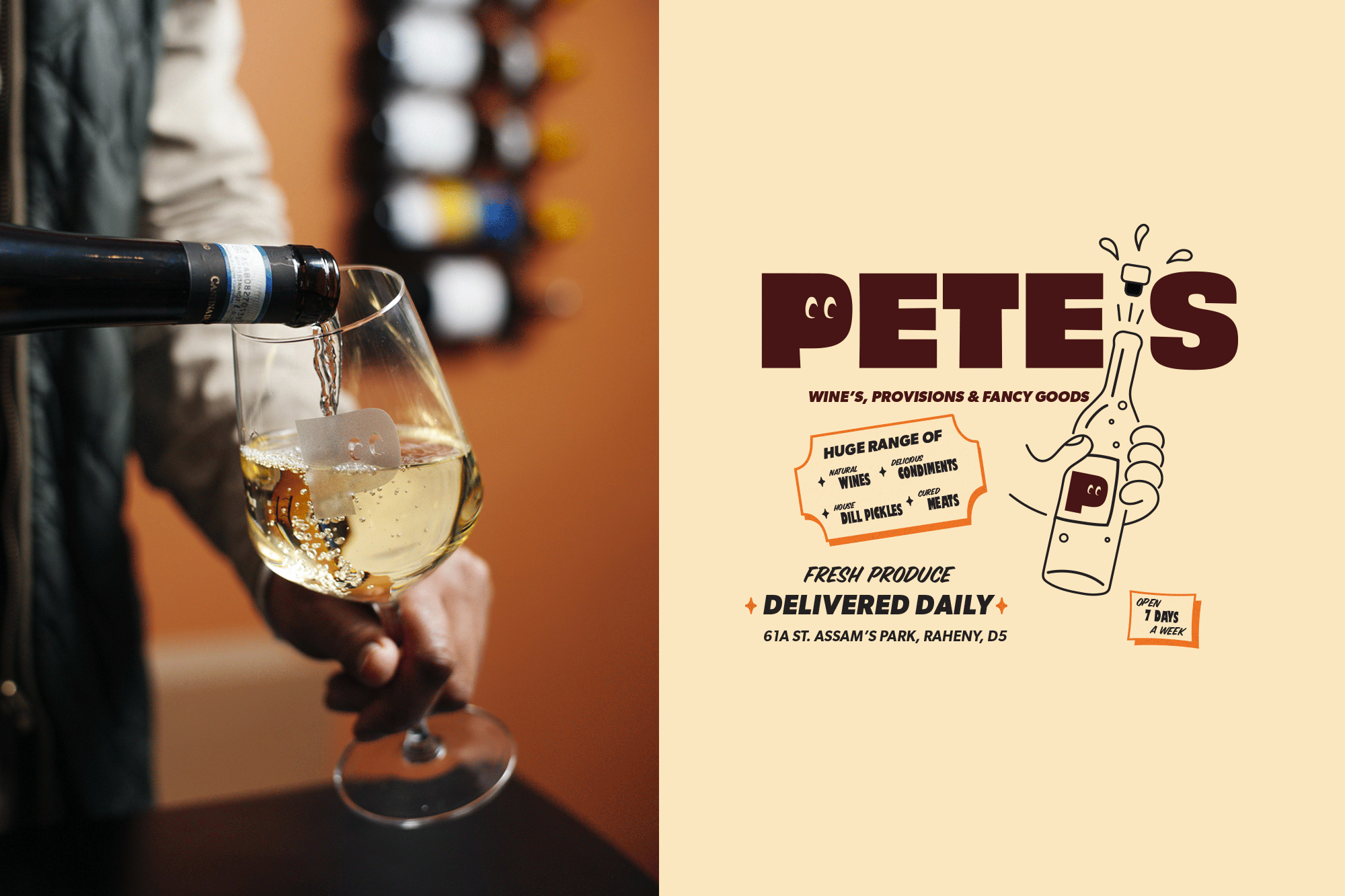 Pete's wine shop gif, showing off branding and signage