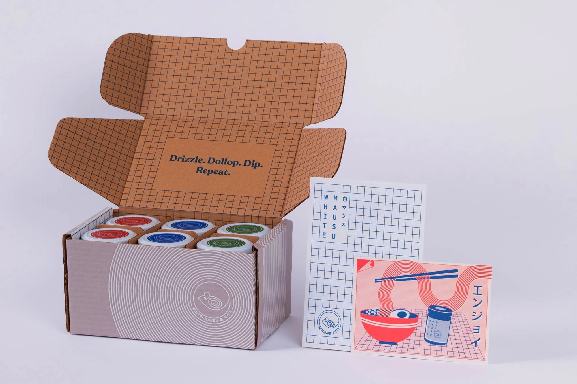 White Mausu condiments, packaging and collection of product jars