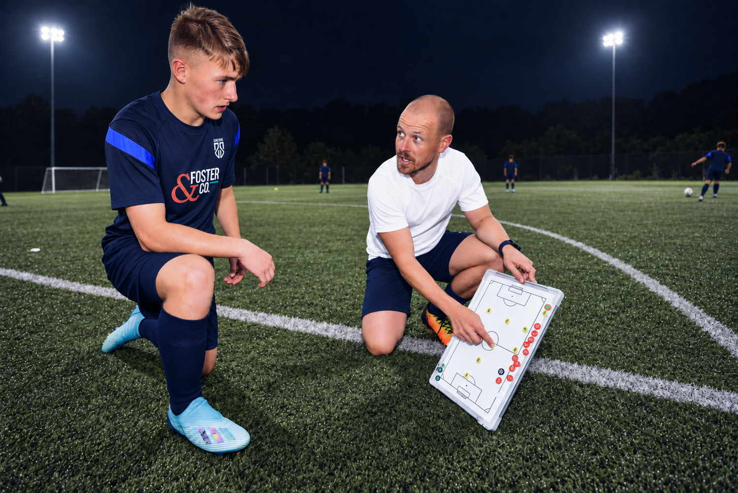 Coach explaining tactics to a Swerve player beside the pitch