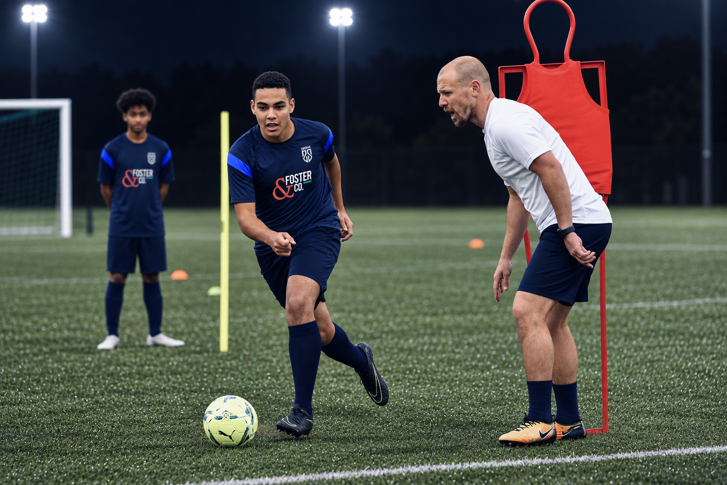 Swerve player working on the ball with a coach under floodlights