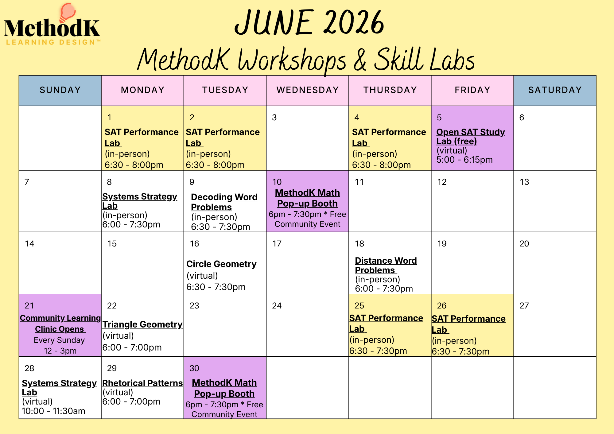 June SAT Pop-Up Workshop Schedule