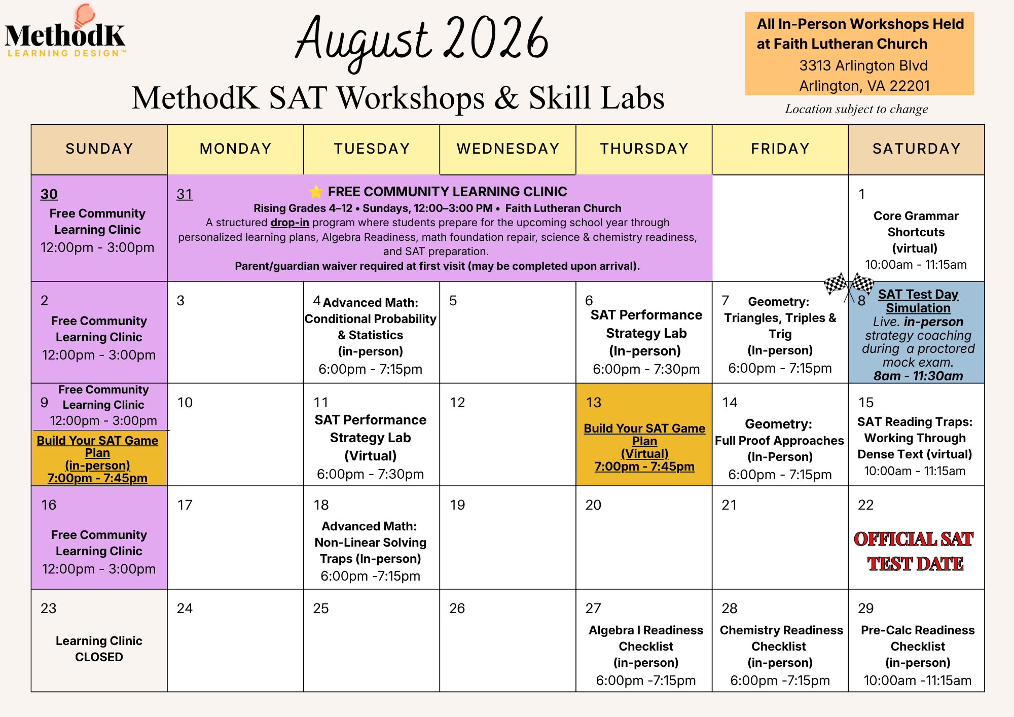 August 2026 SAT Pop-Up Workshop Schedule