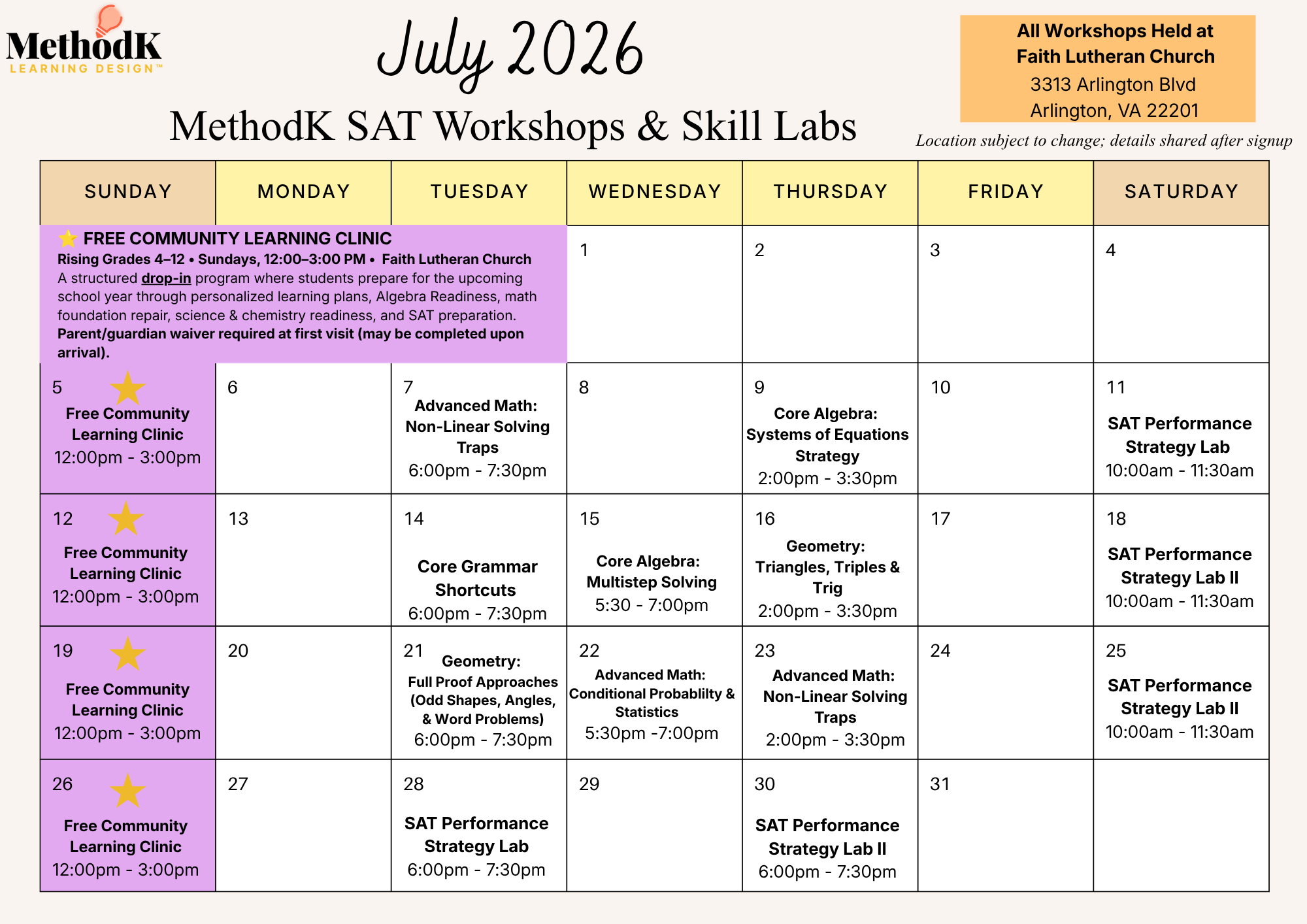 July SAT Pop-Up Workshop Schedule