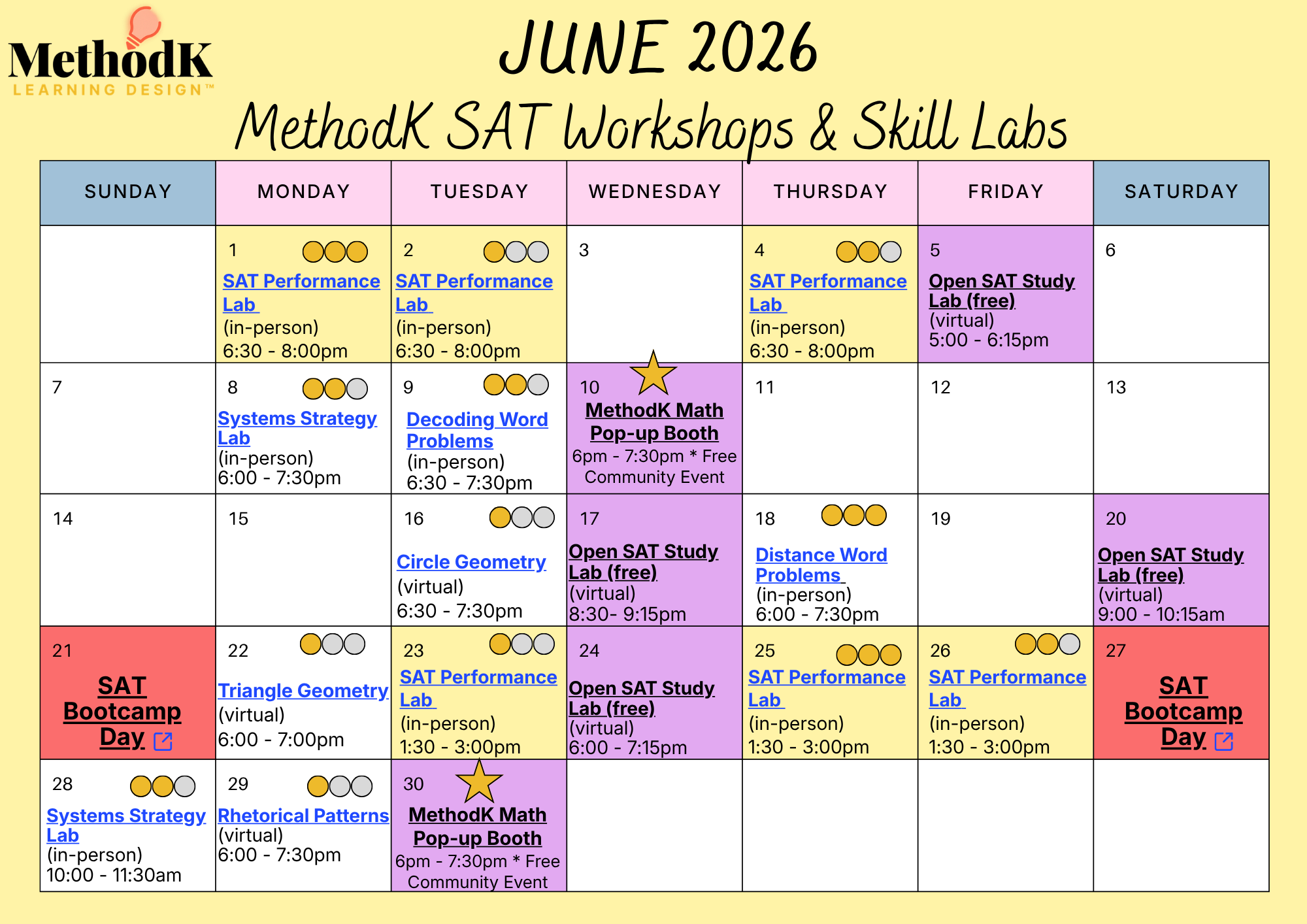 June SAT Pop-Up Workshop Schedule