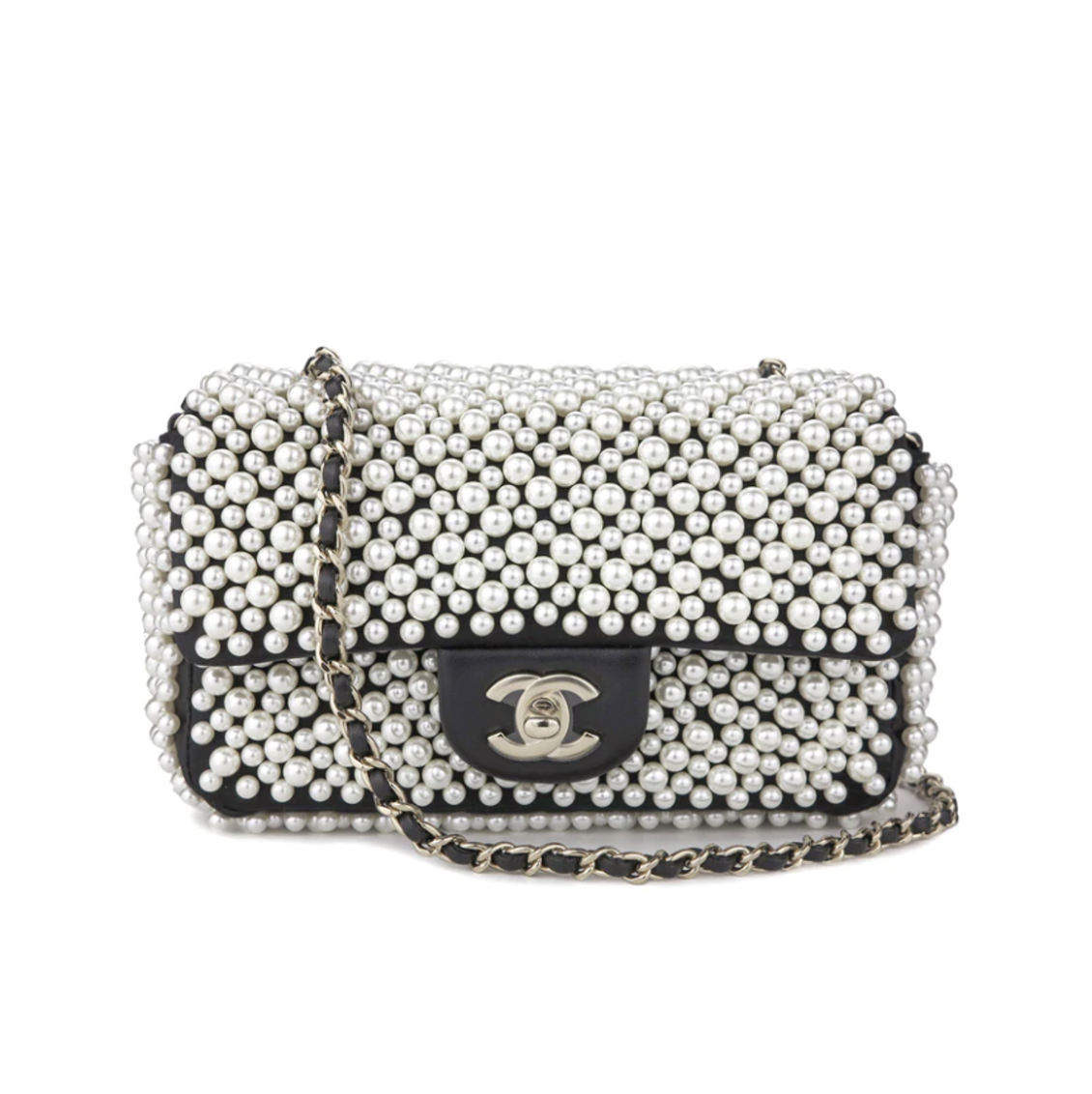 Chanel Mini Flap Bag in Black Satin Pearl with Gold Hardware — AMAIA