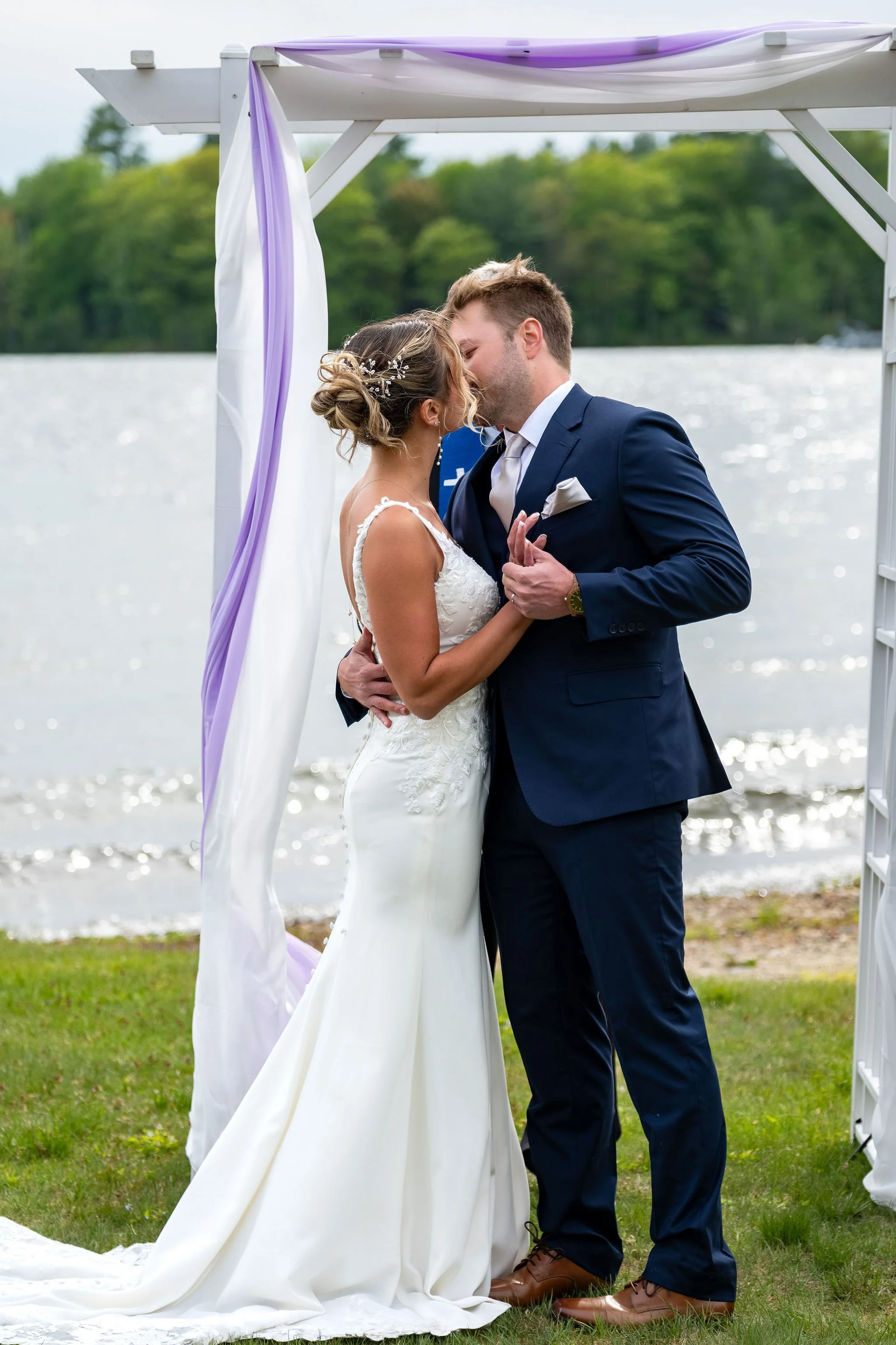 Beth and Cameron bride and groom walking up the aisle after the ceremony at Augusta Country Club Manchester Maine spring wedding photography VMG Productions
