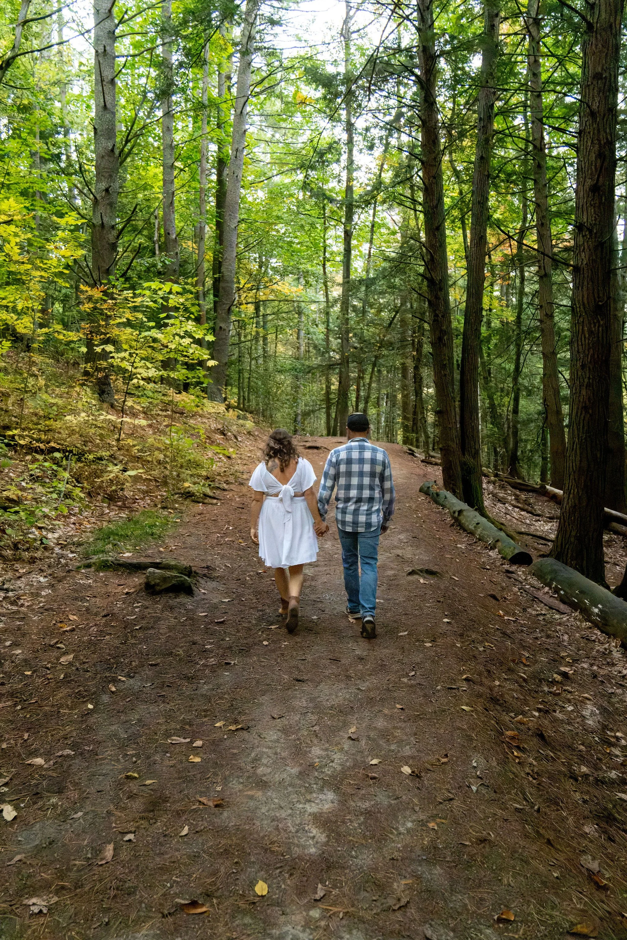 Alison and Dave walking away from the camera hand in hand up the dirt trail through the hemlocks at Vaughan Woods in Hallowell Maine fall engagement photography VMG Productions