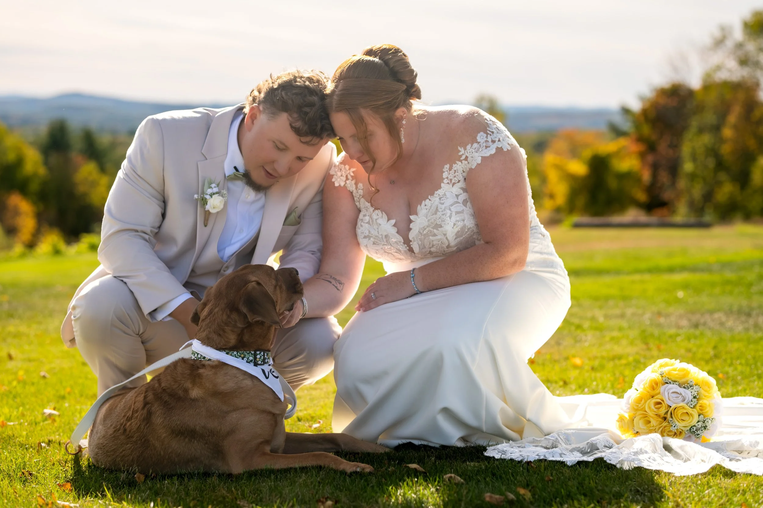 Andrew and Erika crouching on the grass with Penny while Erika's yellow bouquet rests beside them at the Maine Wedding Barn and Event Center in Minot Maine fall wedding photography VMG Productions