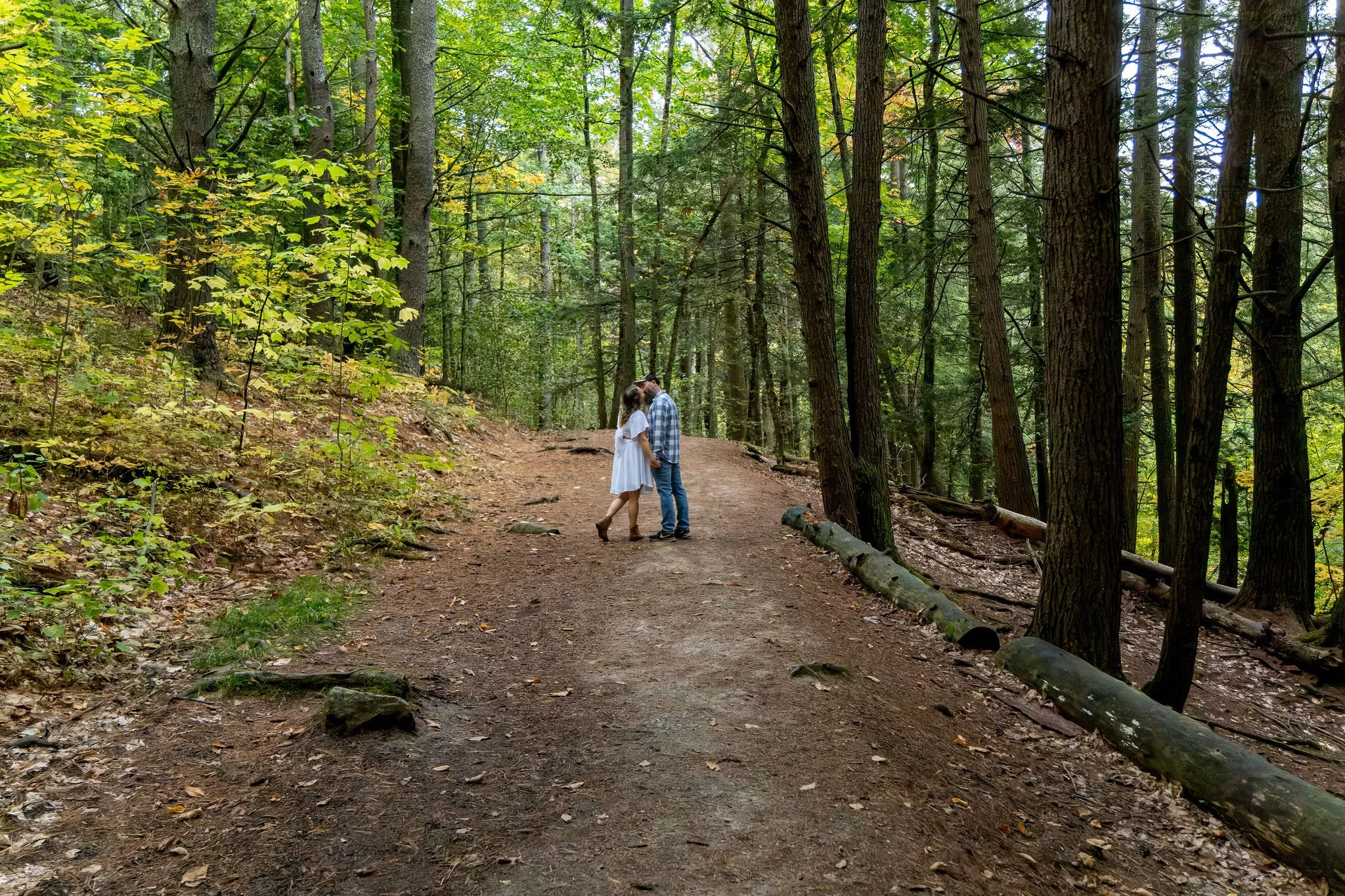 Alison and Dave kissing far down the trail with the hemlocks and the turning maples around them at Vaughan Woods in Hallowell Maine fall engagement photography VMG Productions