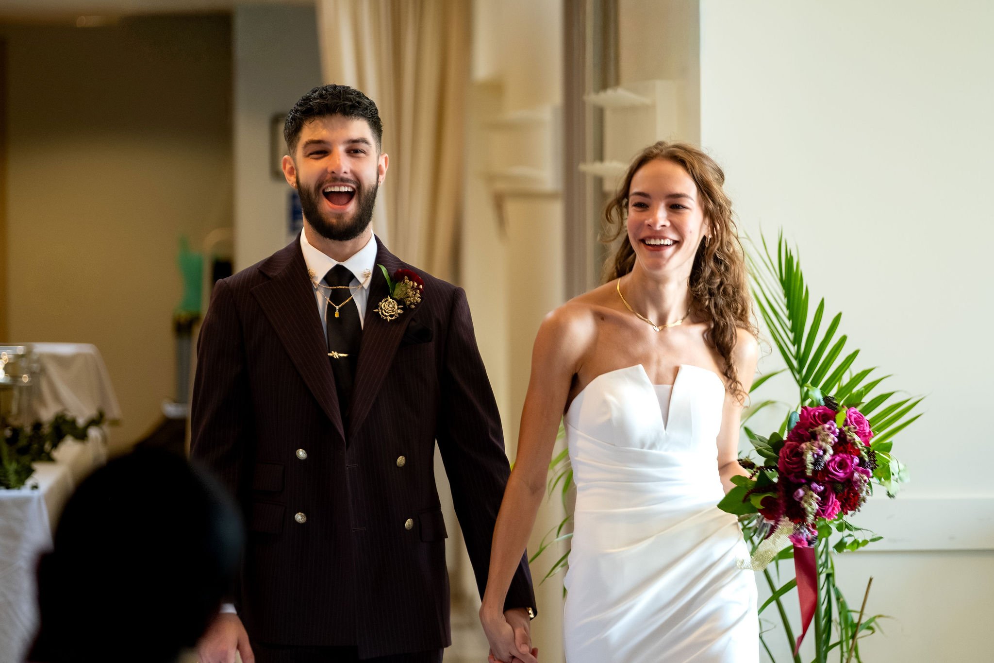 Cassidy and Chase Begin making their grand entrance into the reception at Maple Hill Farm Inn and Conference Center in Hallowell Maine summer wedding photography VMG Productions
