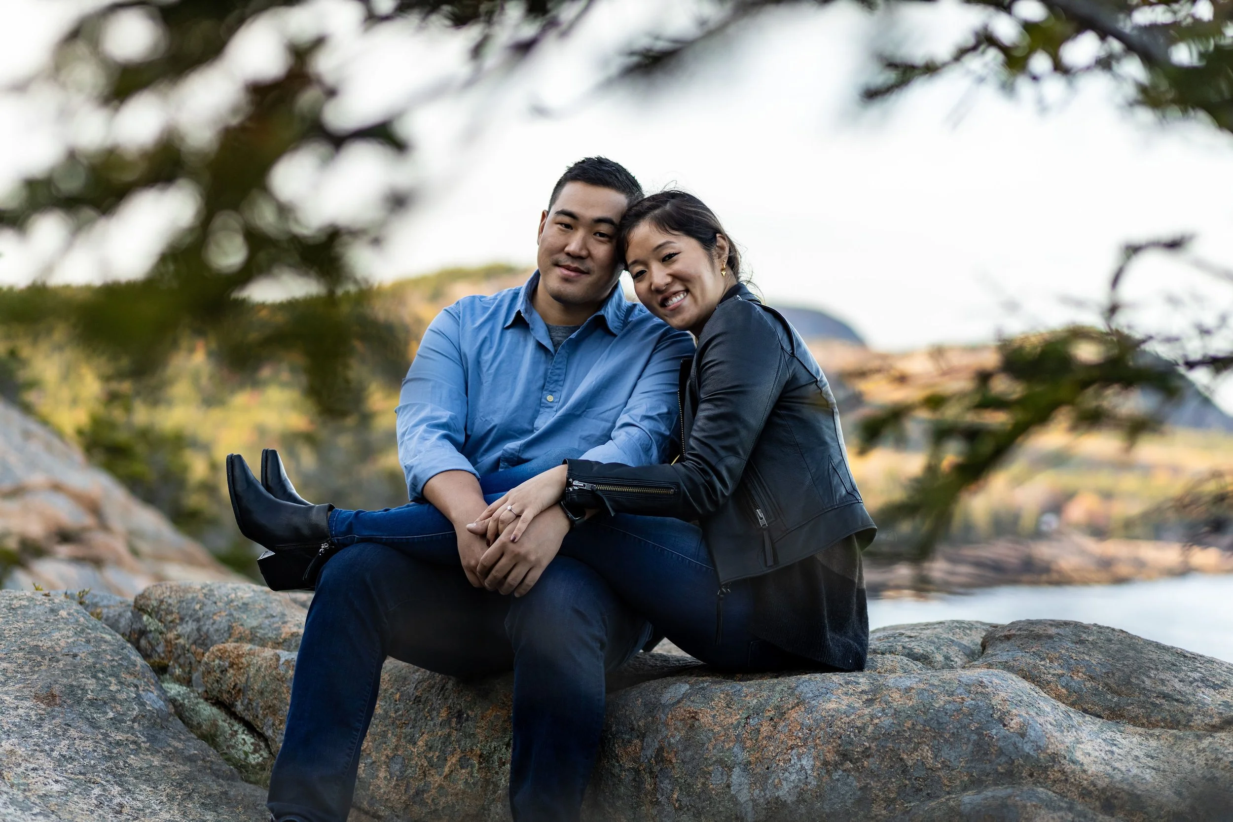 Agnes and Peter sitting on coastal rocks under pine tree Acadia National Park engagement photography VMG Productions