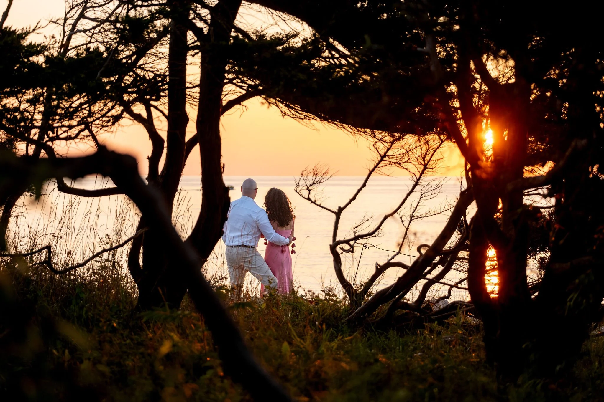 Zack and Helena embracing far in the distance with the sun flaring through the branches of the twisted tree on Marginal Way in Ogunquit Maine sunrise proposal and engagement photography VMG Productions