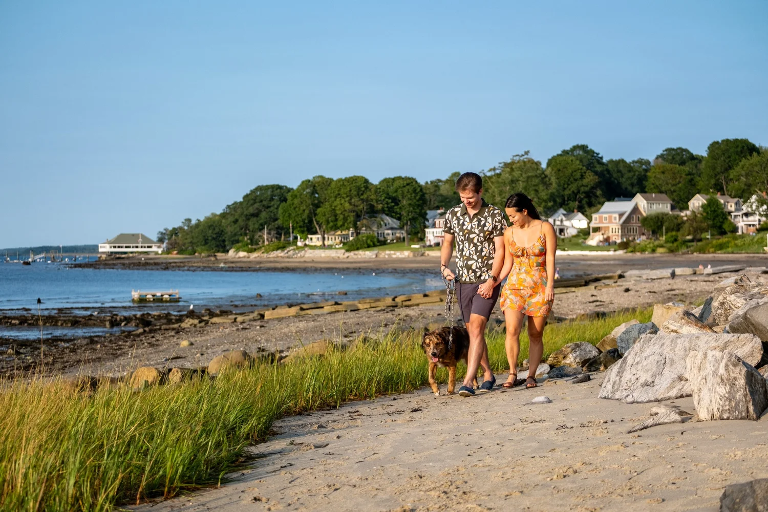Couple walking the island shore with their dog, Peaks Island, Portland, Maine, by VMG Productions