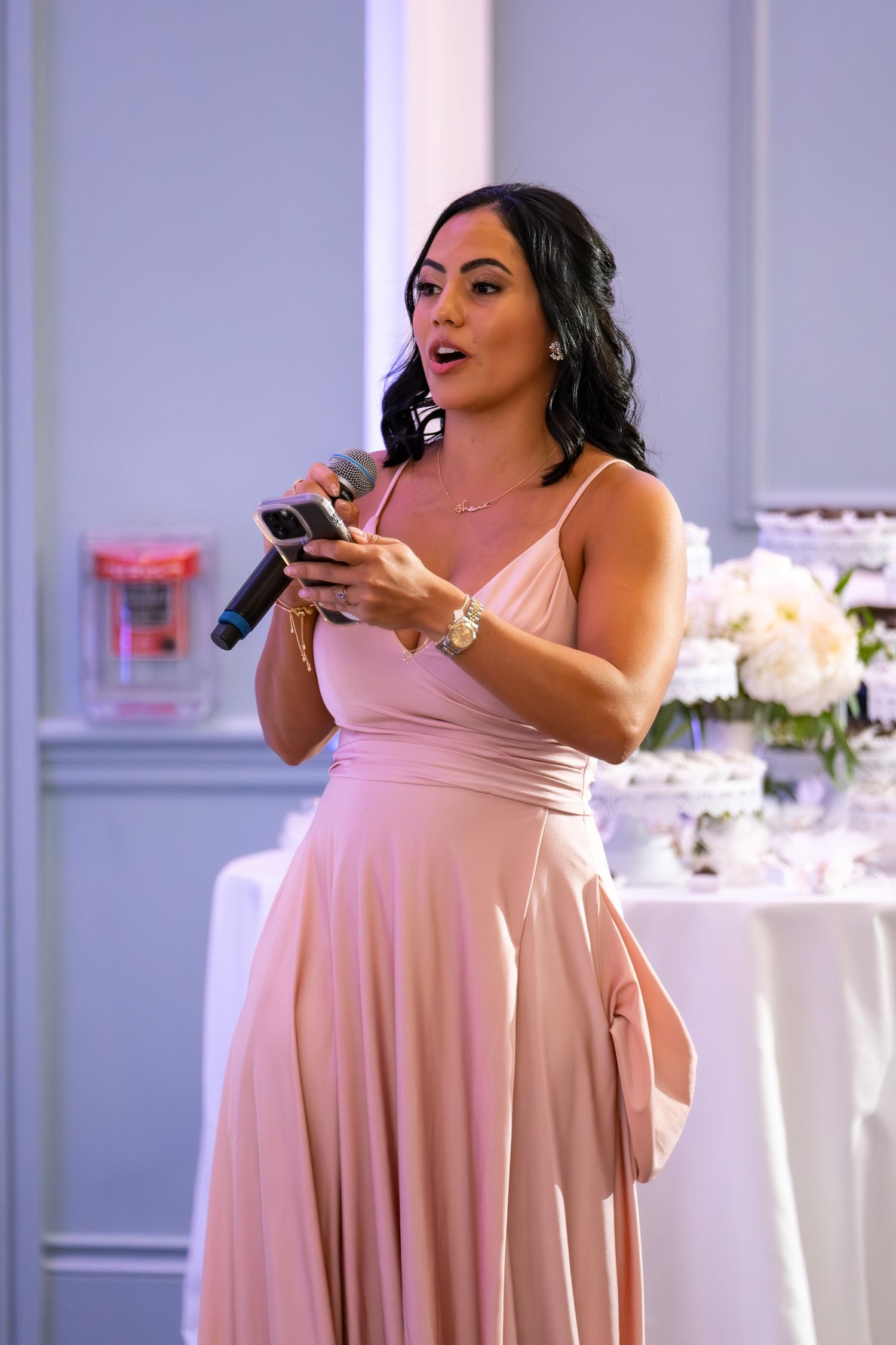 The maid of honor giving her toast in a blush dress at Portland Sheraton at Sable Oaks South Portland Maine summer wedding photography VMG Productions