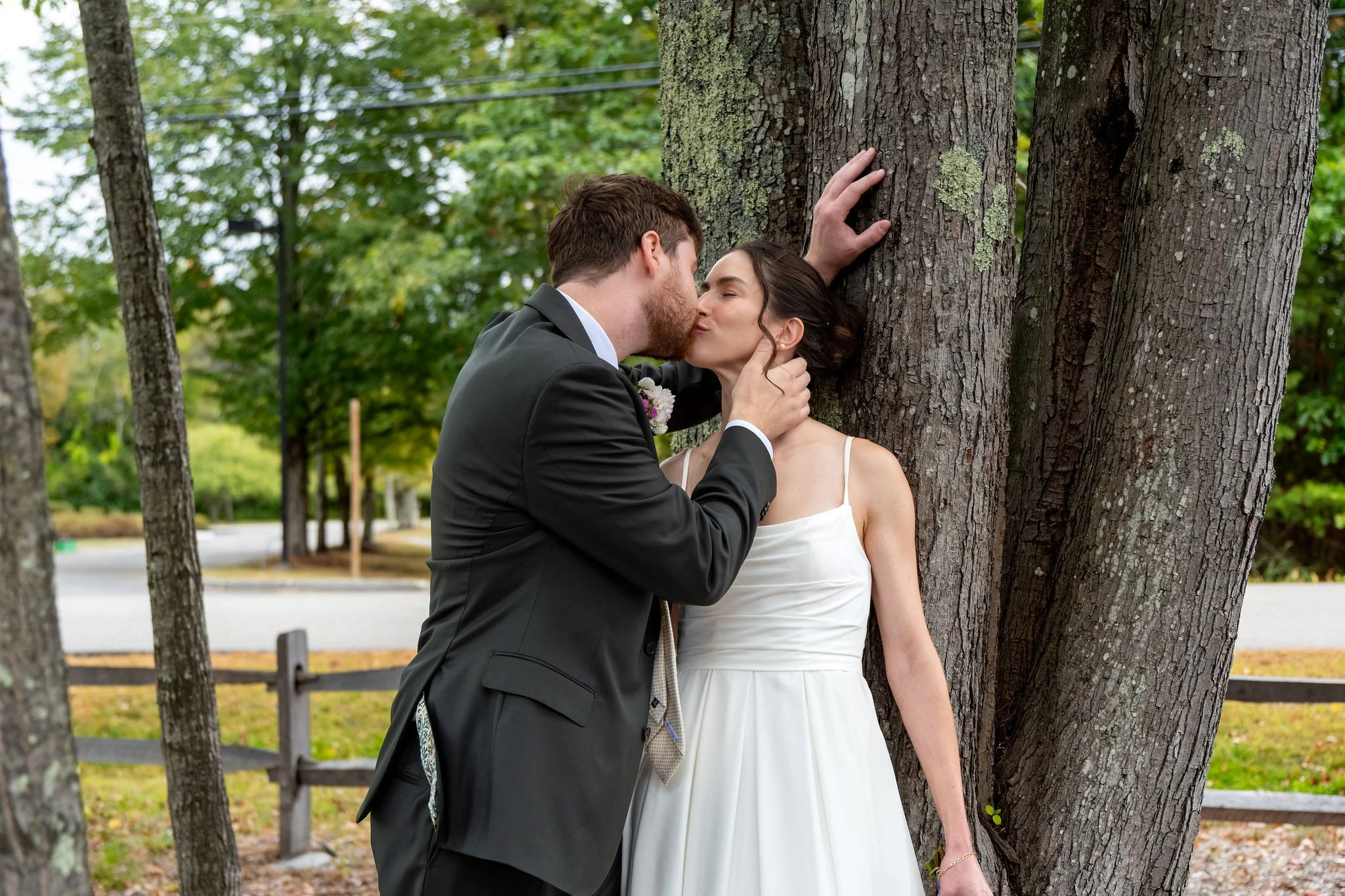 Jack kissing Victoria as she leans against a large lichen covered tree trunk at The Cellars at Allagash Brewing Company in Portland Maine fall wedding photography VMG Productions