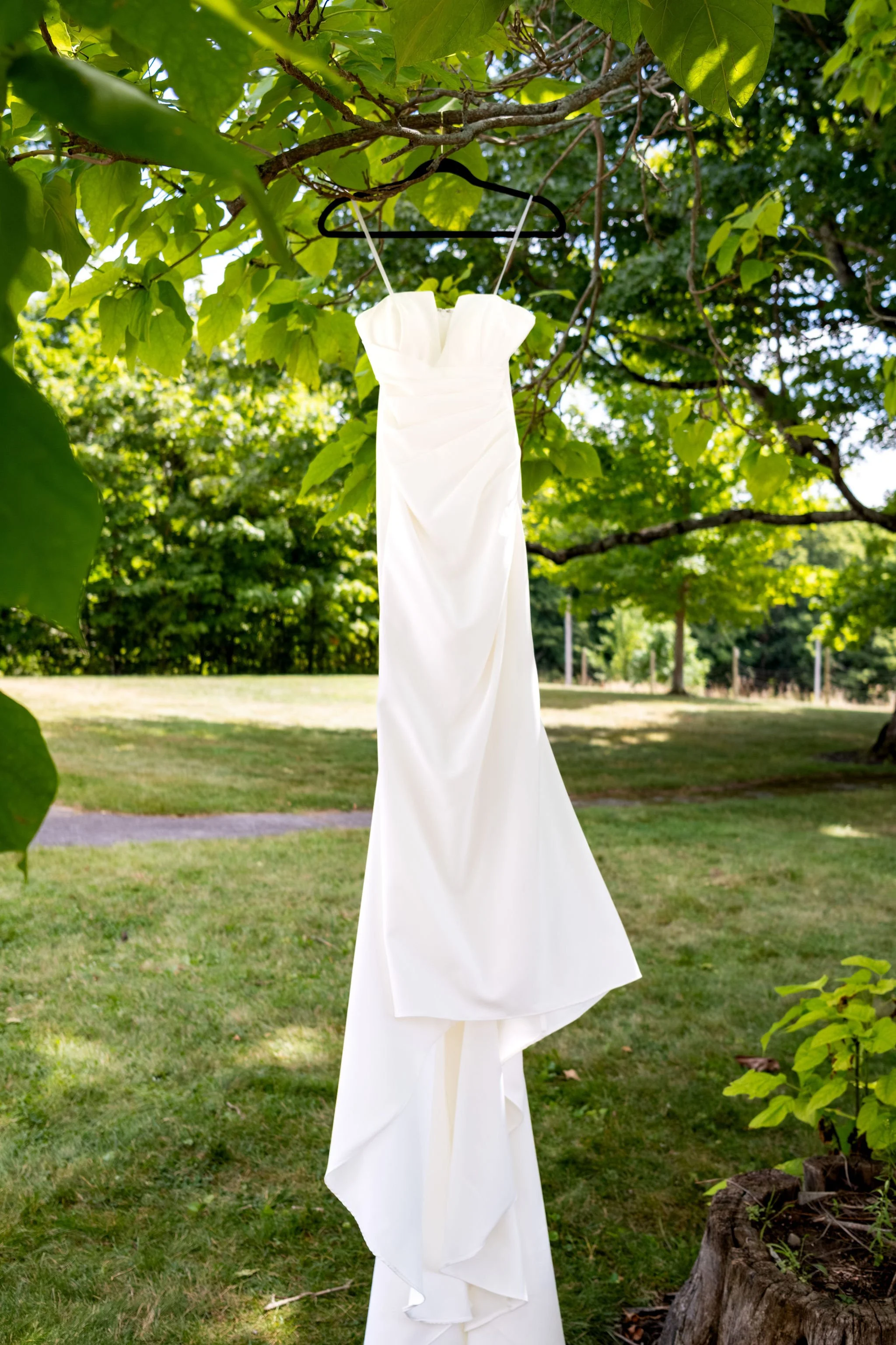 Cassidy Begin's white gown hanging from a maple branch before the ceremony at Maple Hill Farm Inn and Conference Center in Hallowell Maine summer wedding photography VMG Productions