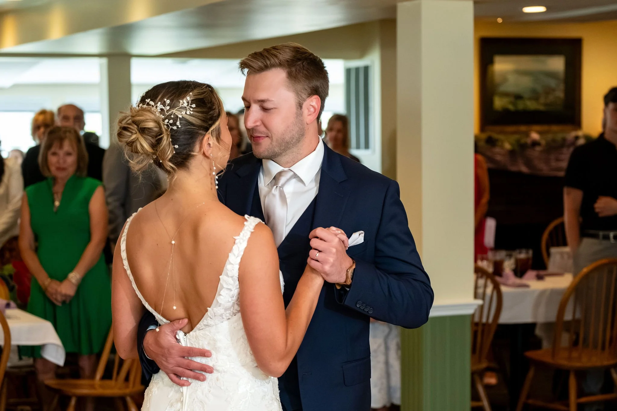 Beth and Cameron bride and groom's first dance at the reception at Augusta Country Club Manchester Maine spring wedding photography VMG Productions