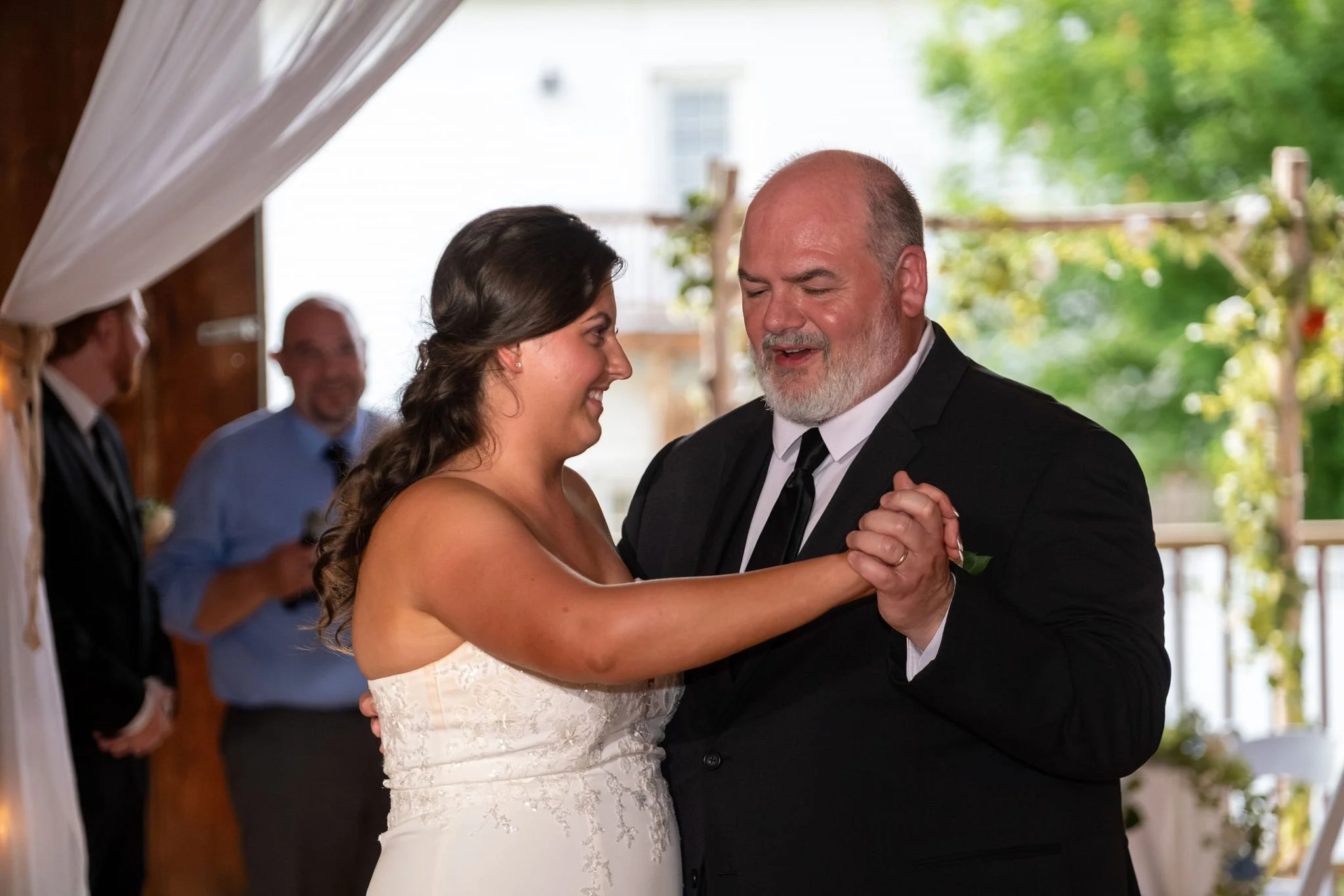 Alyssa and Colby the bride dancing with her dad at the 1888 Barn Bethel Maine summer wedding photography VMG Productions