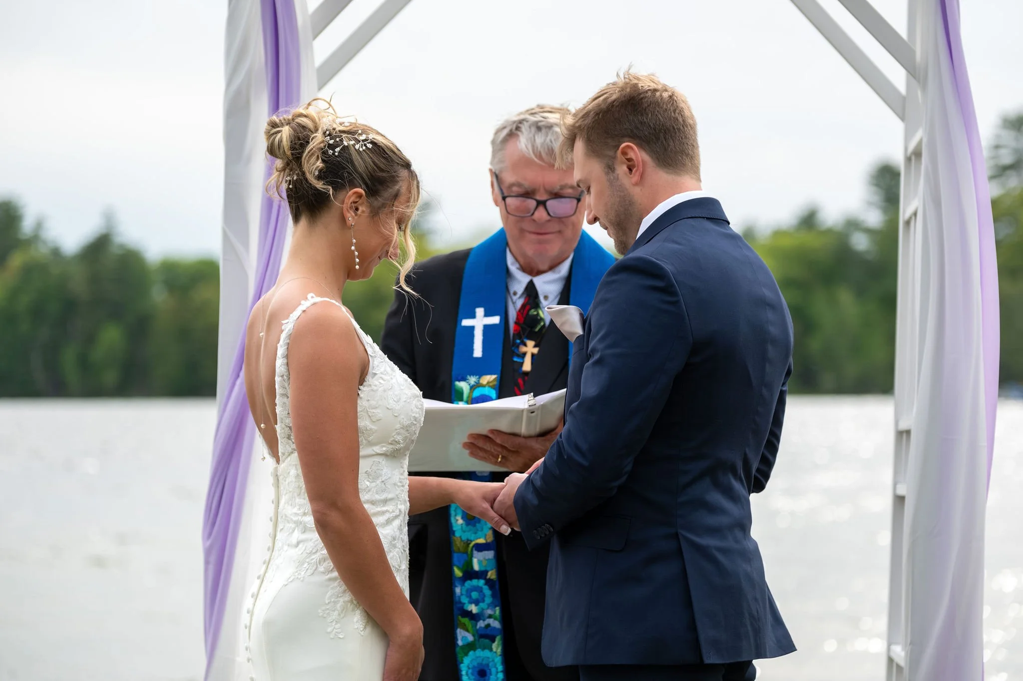 Beth and Cameron lakeside ceremony overlooking Cobbosseecontee Lake at Augusta Country Club Manchester Maine spring wedding photography VMG Productions