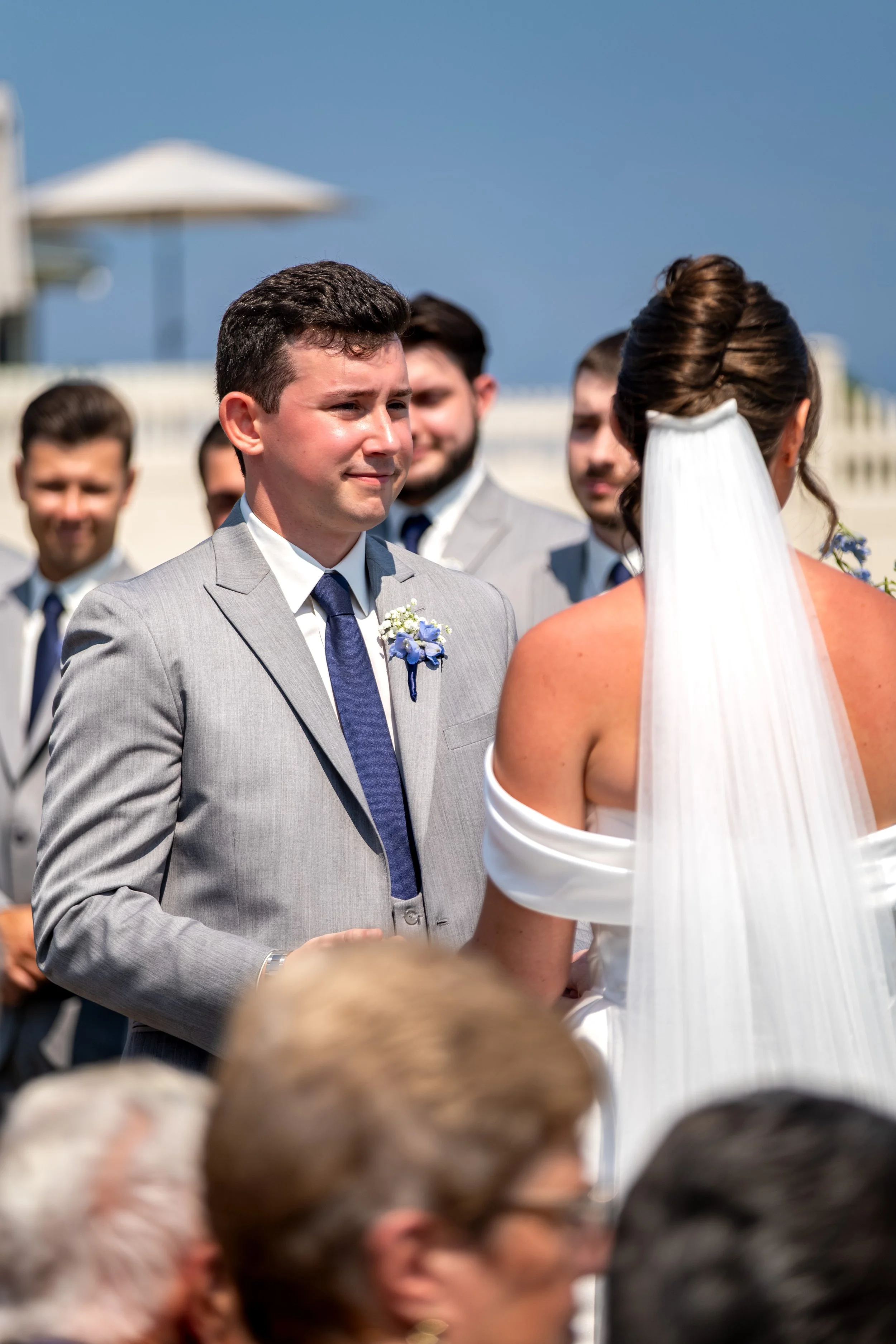 Anthony Pirolli looking at Caroline with tears in his eyes during the vows at Union Bluff Hotel in York Maine wedding photography VMG Productions