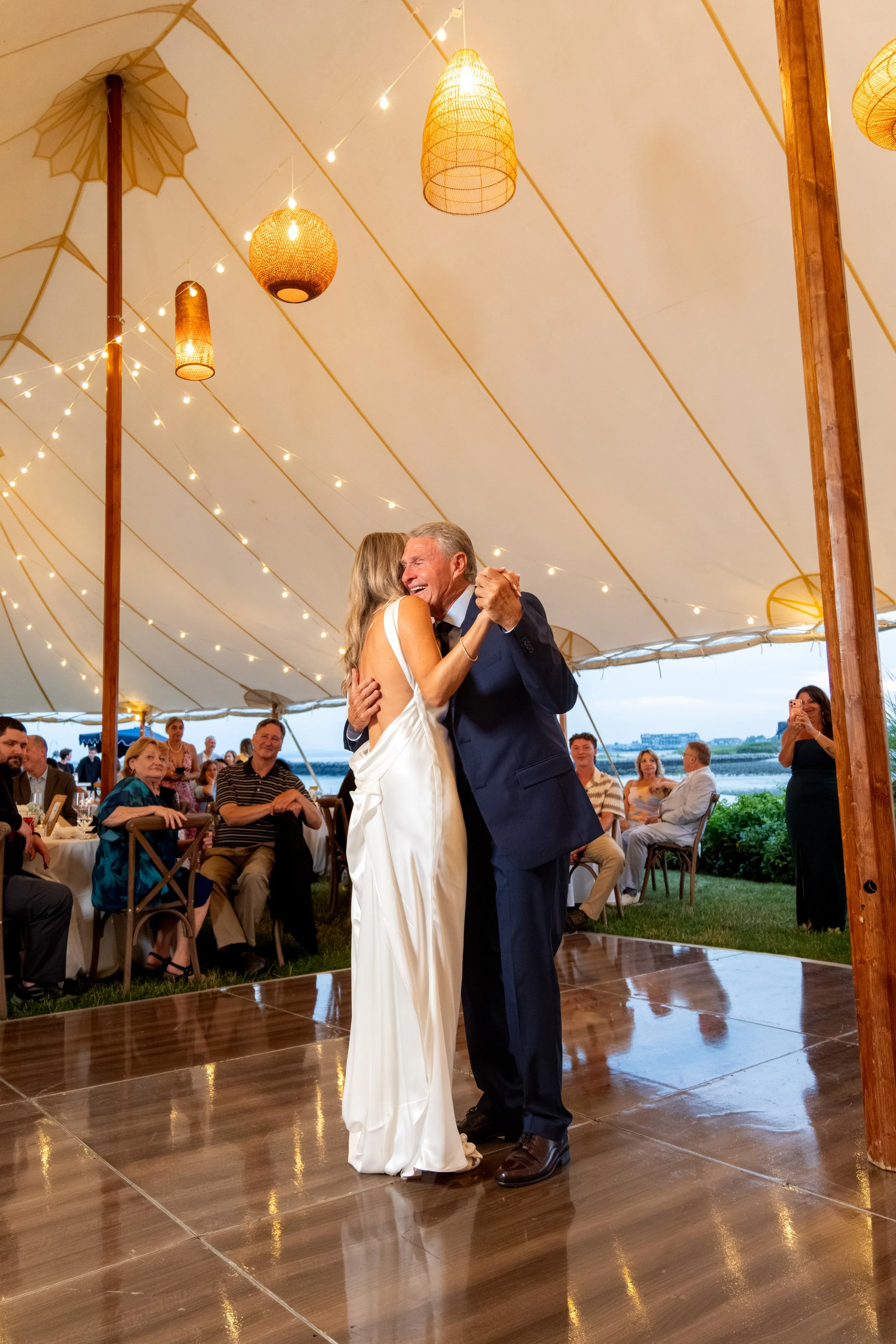 Ashley Draper dancing with her father Ernie under the sailcloth tent at The Breakwater Inn in Kennebunkport Maine summer wedding photography VMG Productions