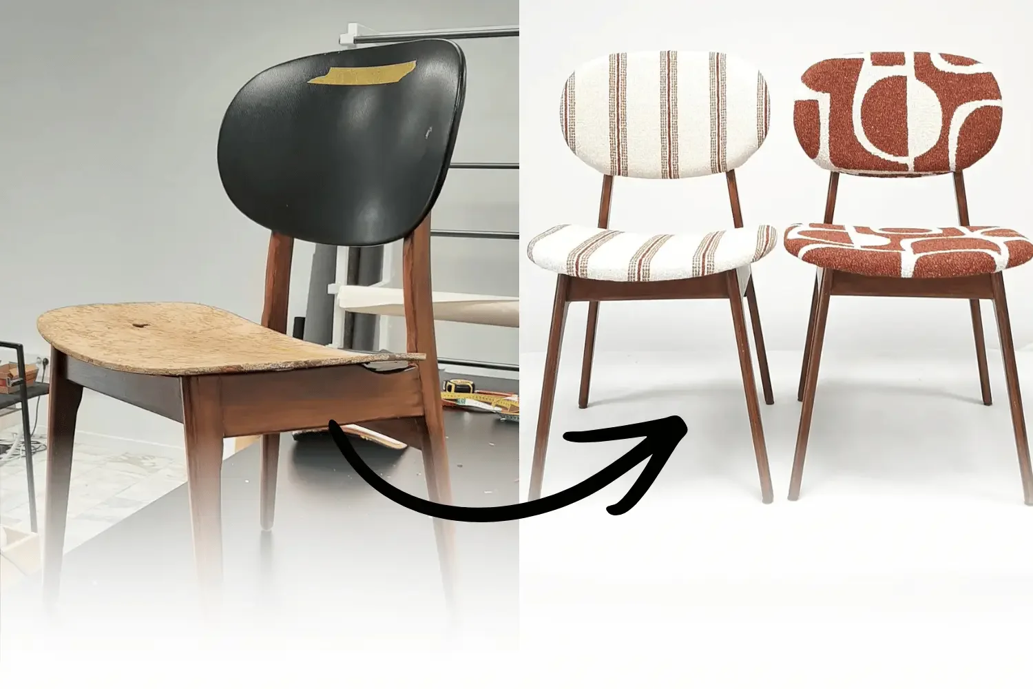 Eetkamerstoelen vóór en na herstoffering