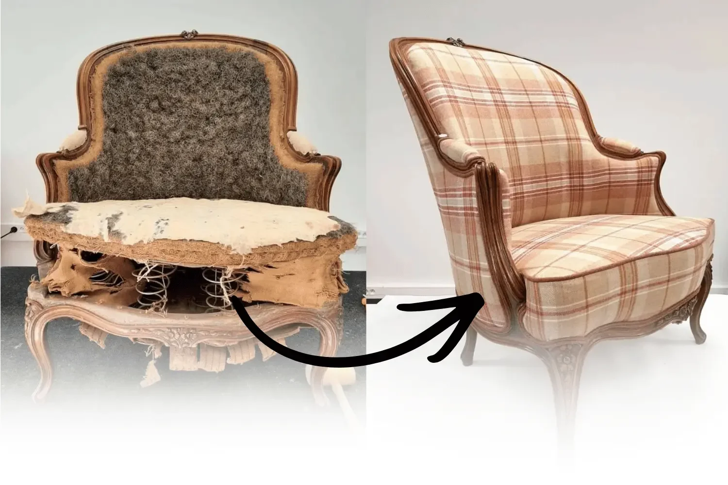 Een klassieke fauteuil vóór en na herstoffering