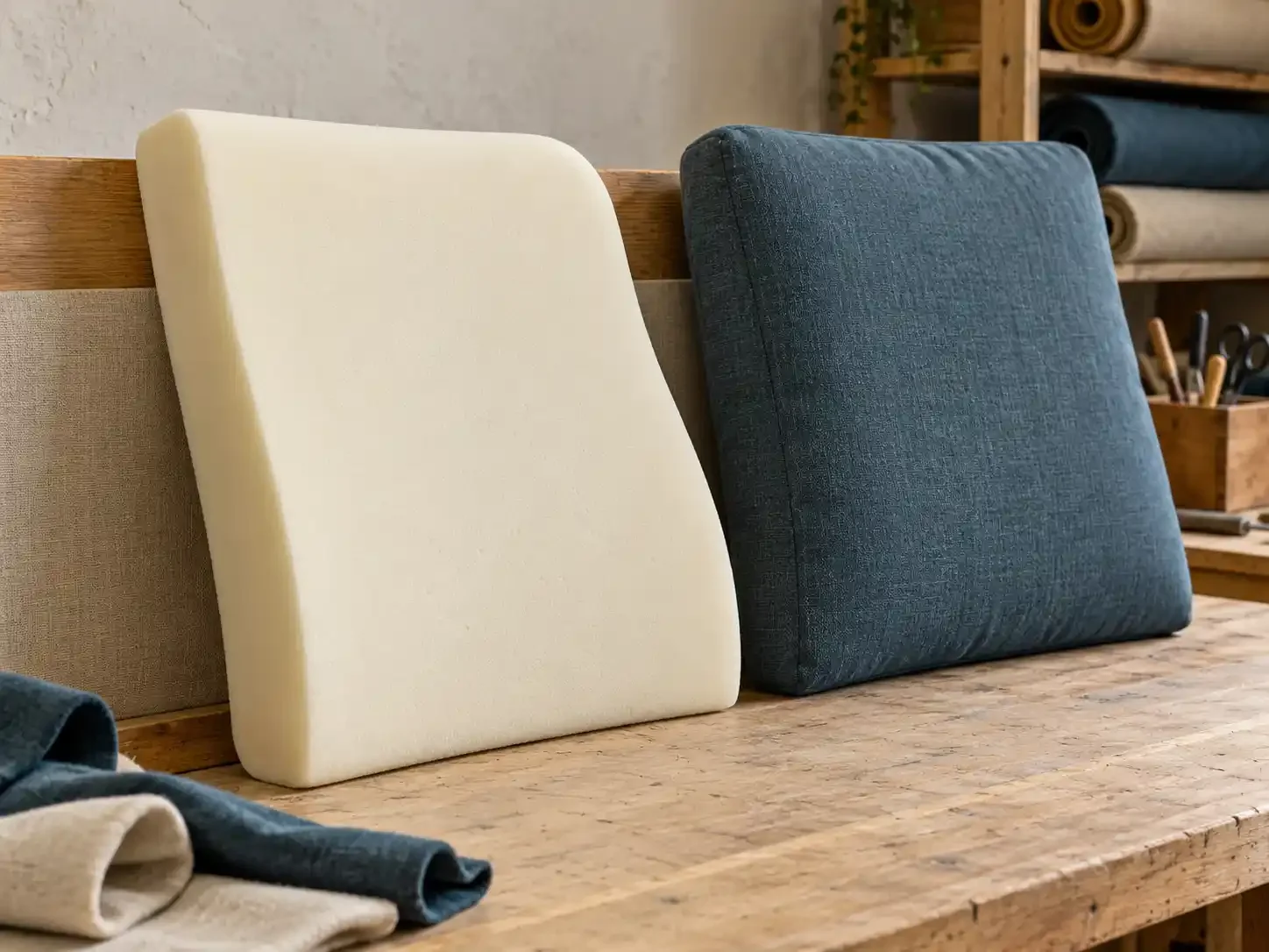 Schuimvulling naast een bekleed rugkussen