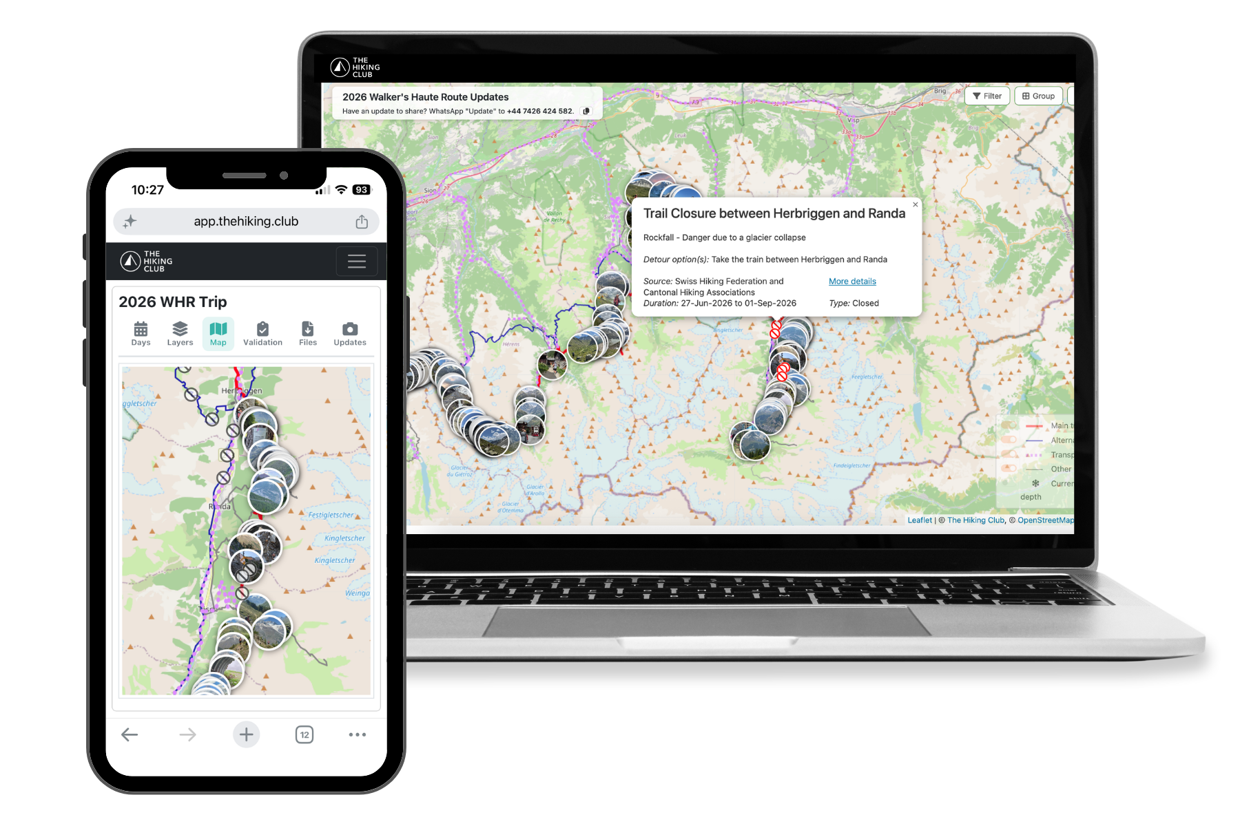 The Hiking Club trail updates, snow information and preparation tools displayed on digital devices