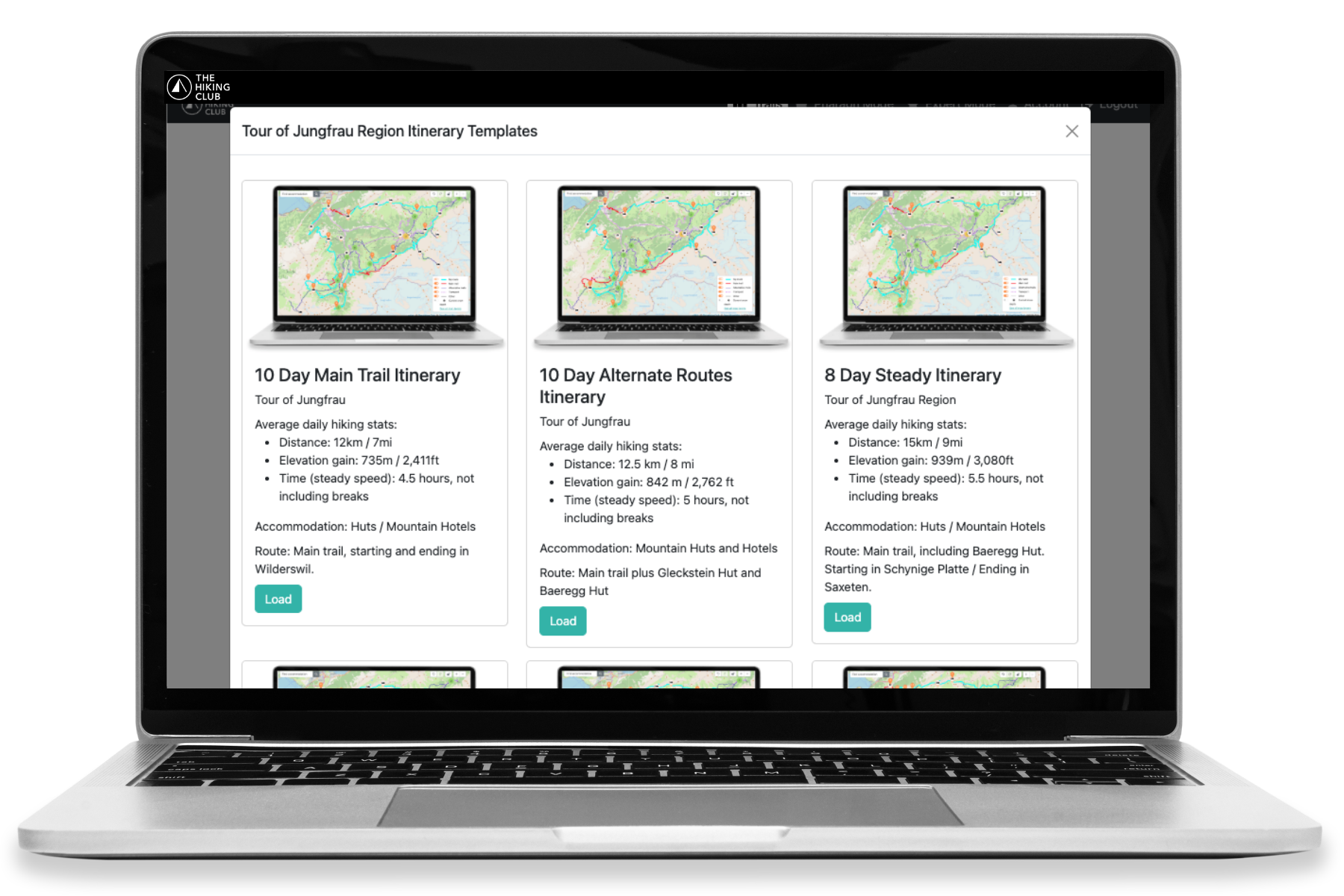 Eight-day Tour of Jungfrau itinerary shown in The Hiking Club planning platform