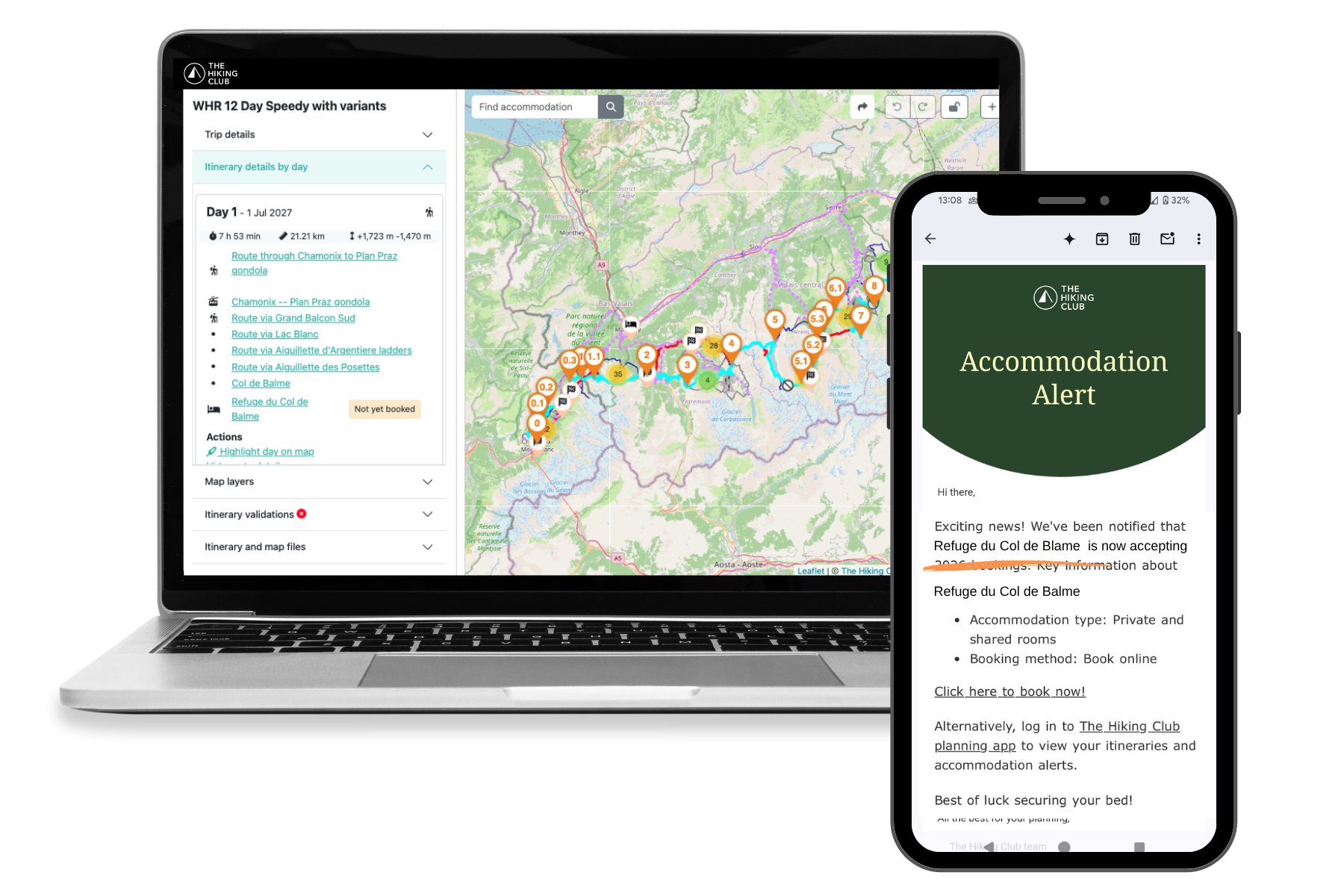 The Hiking Club Walker’s Haute Route planning platform showing the route from Chamonix to Zermatt, alternative trails, transport connections and accommodation locations