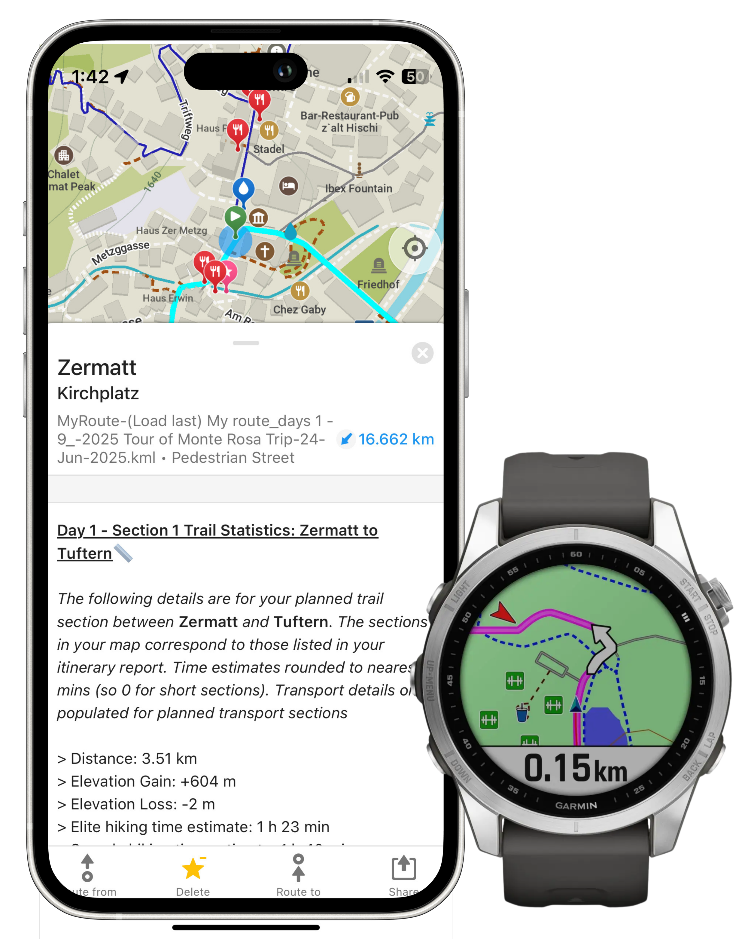 The Hiking Club custom GPS navigation files showing a hiking route, accommodation, transport and points of interest