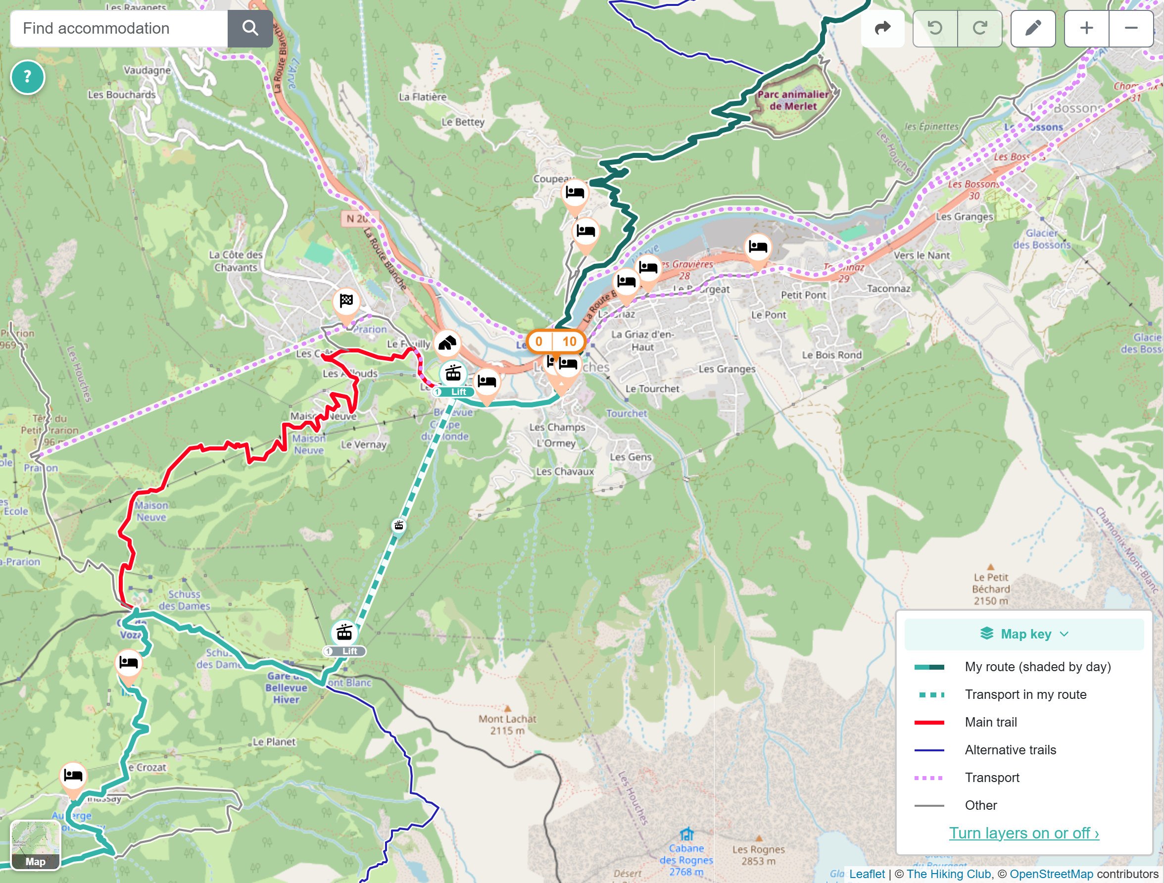 The updated itinerary map showing hiking days in alternating teal colours and transport sections as dashed lines.