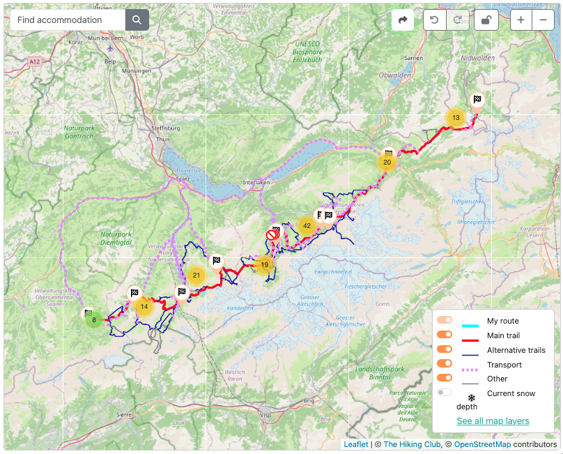 Via Alpina stages 8–15 itinerary map in The Hiking Club platform