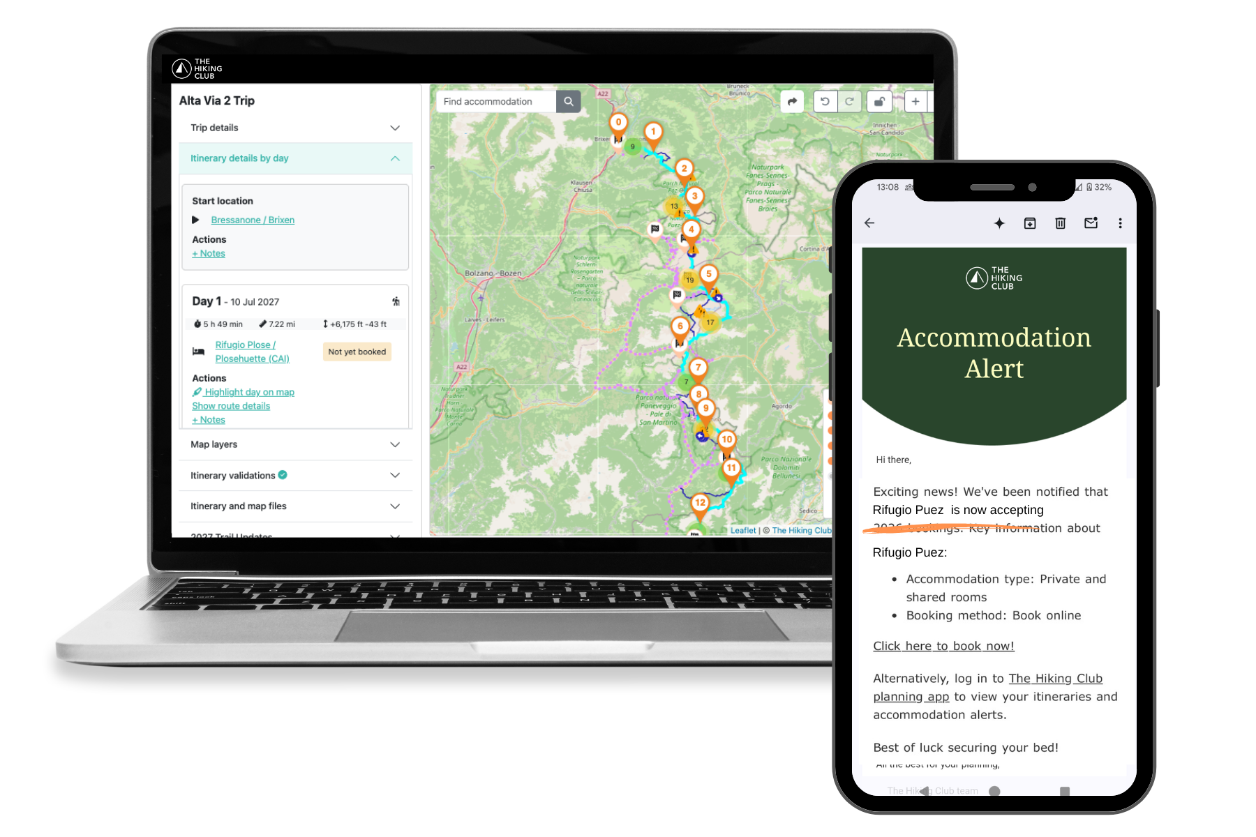 Alta Via 2 itinerary displayed in The Hiking Club planning platform