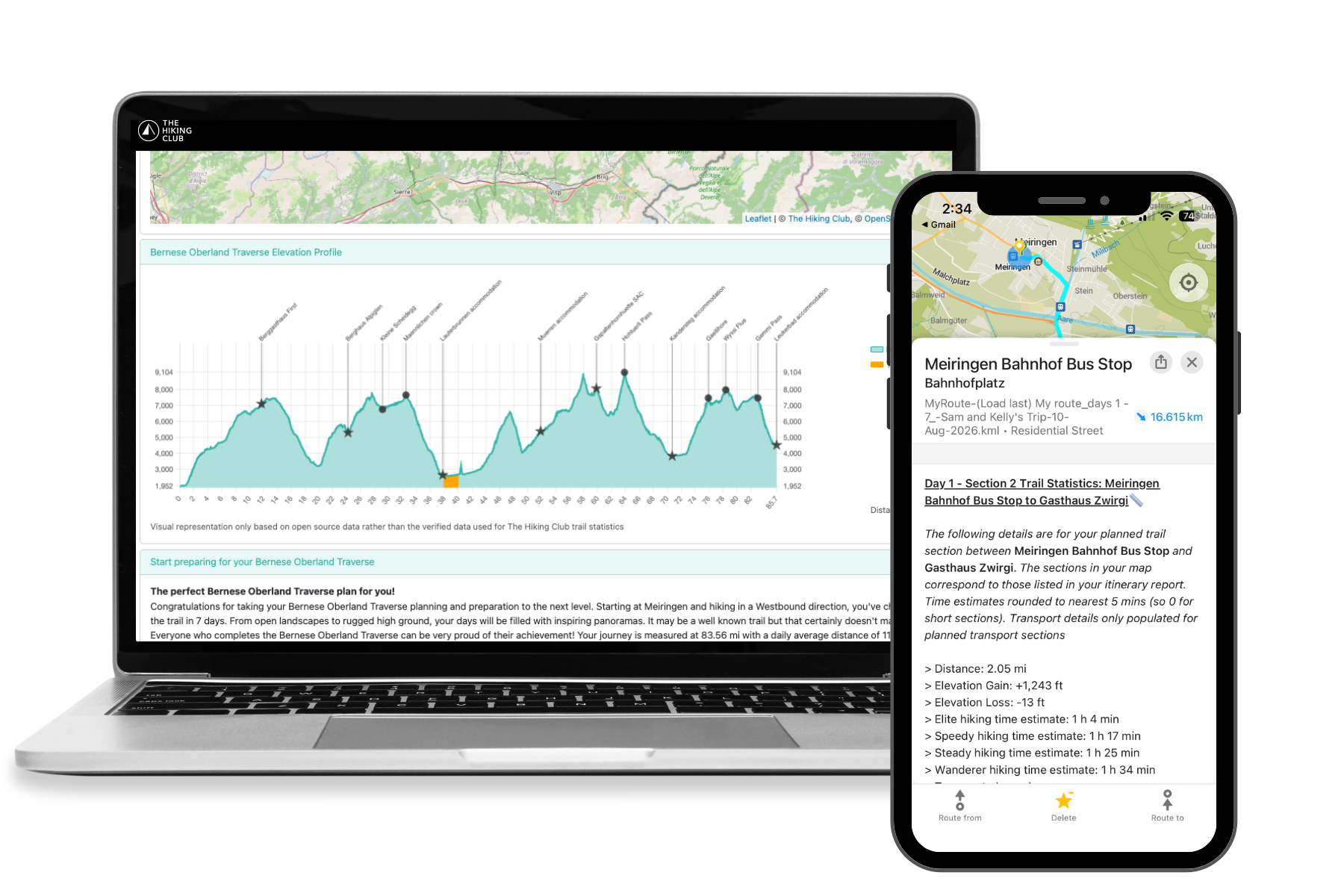 The Hiking Club personalised hiking itinerary displayed on a laptop alongside detailed GPS route information on a mobile phone