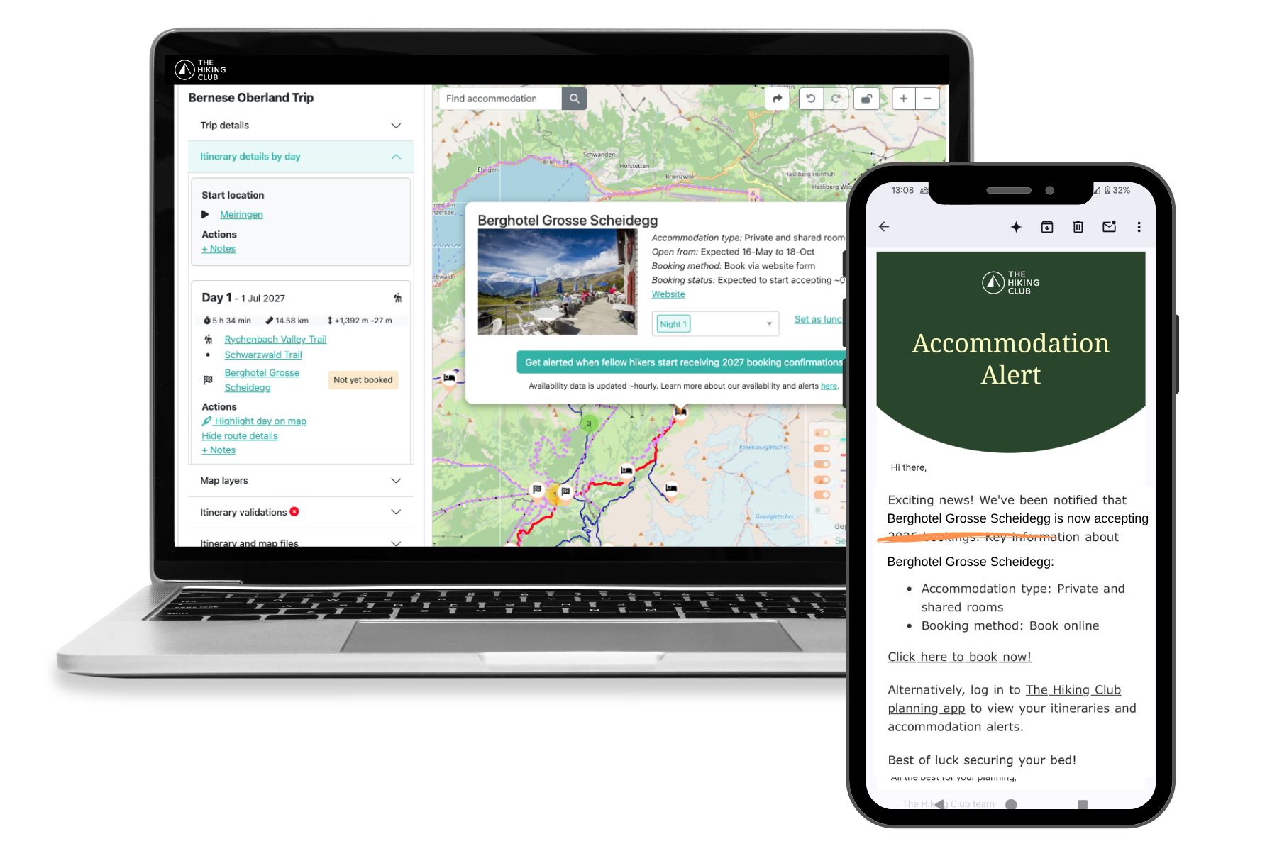 A Bernese Oberland Traverse sample itinerary in The Hiking Club planning platform