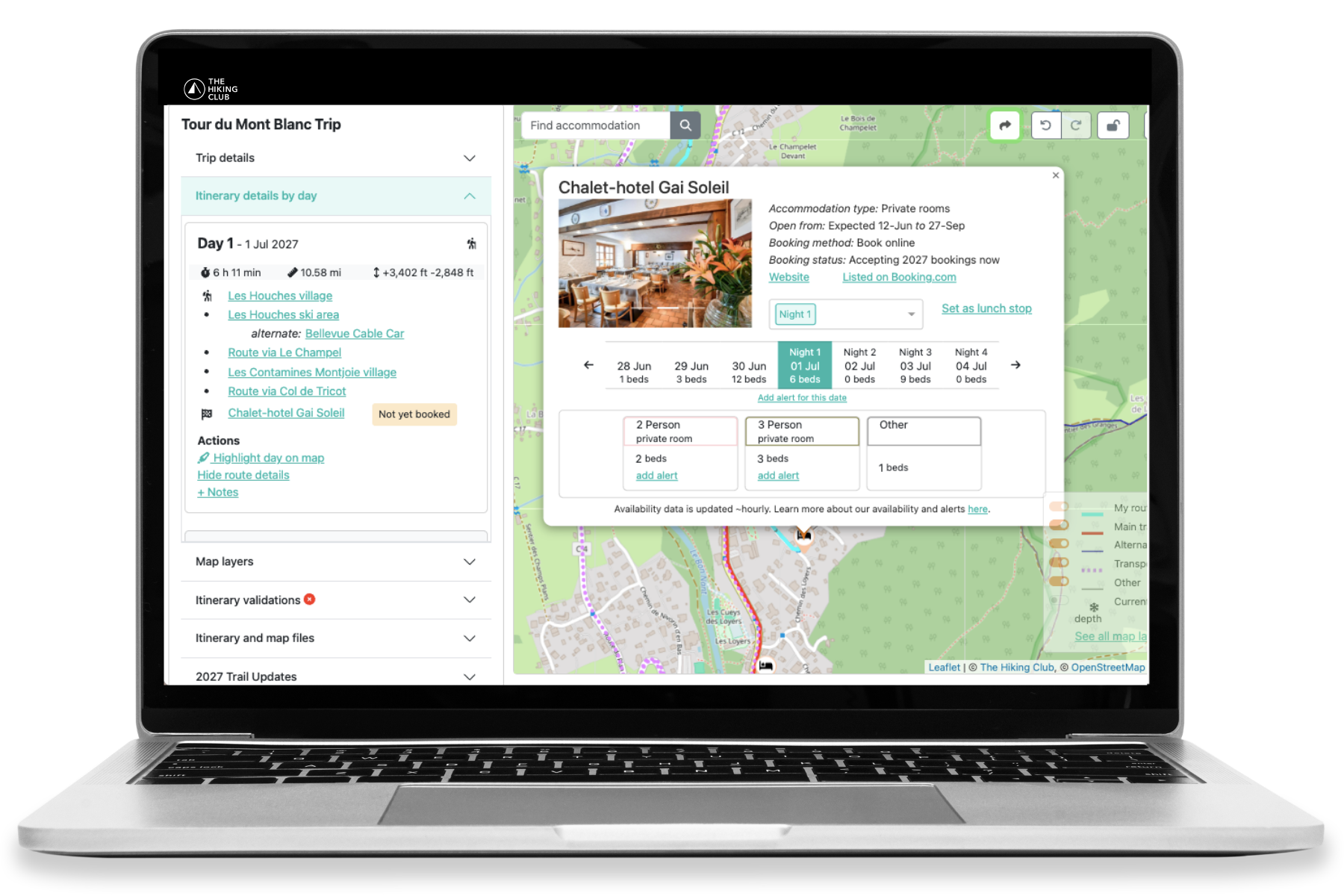 Live Tour du Mont Blanc accommodation availability in The Hiking Club platform
