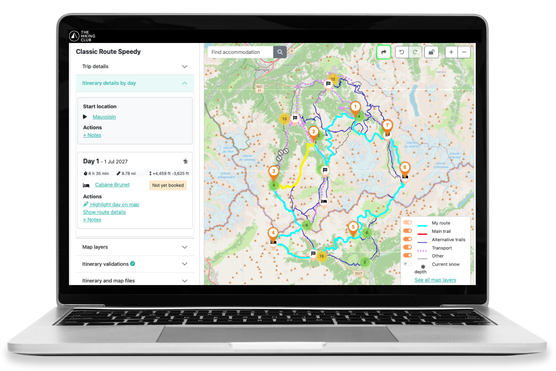 Tour des Combins itinerary templates in The Hiking Club platform
