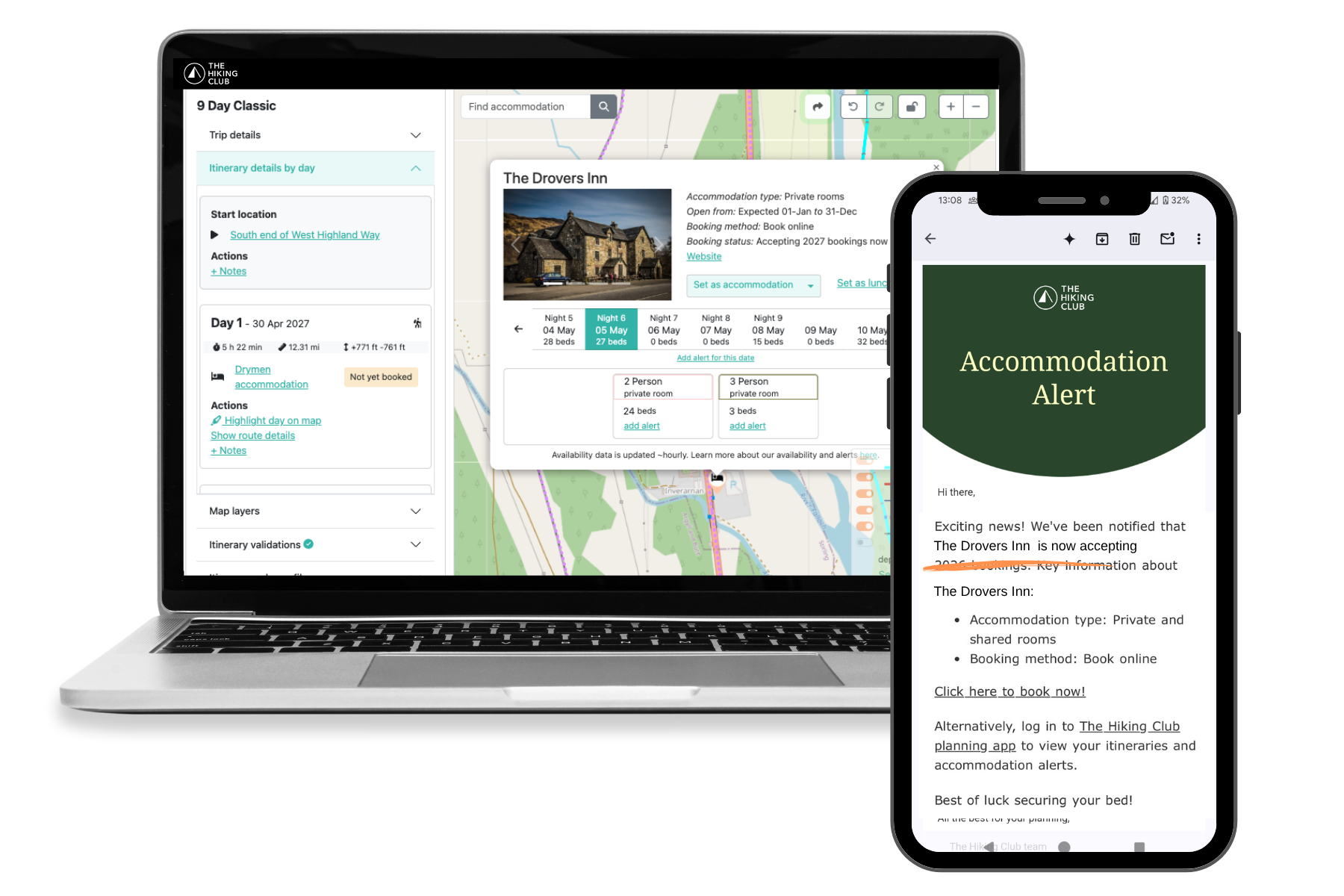 West Highland Way accommodation alerts in The Hiking Club planning platform