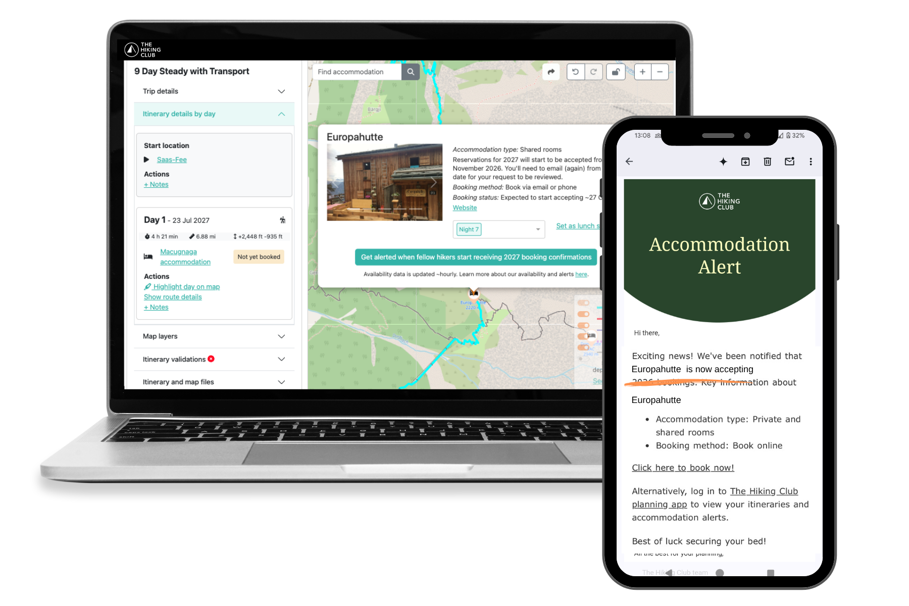 The Hiking Club Tour of Monte Rosa accommodation-alert interface