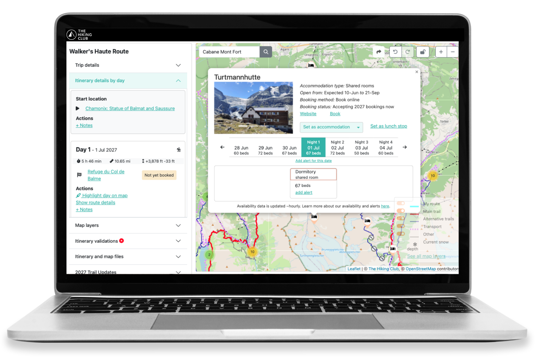 Live Walker’s Haute Route accommodation availability in The Hiking Club platform