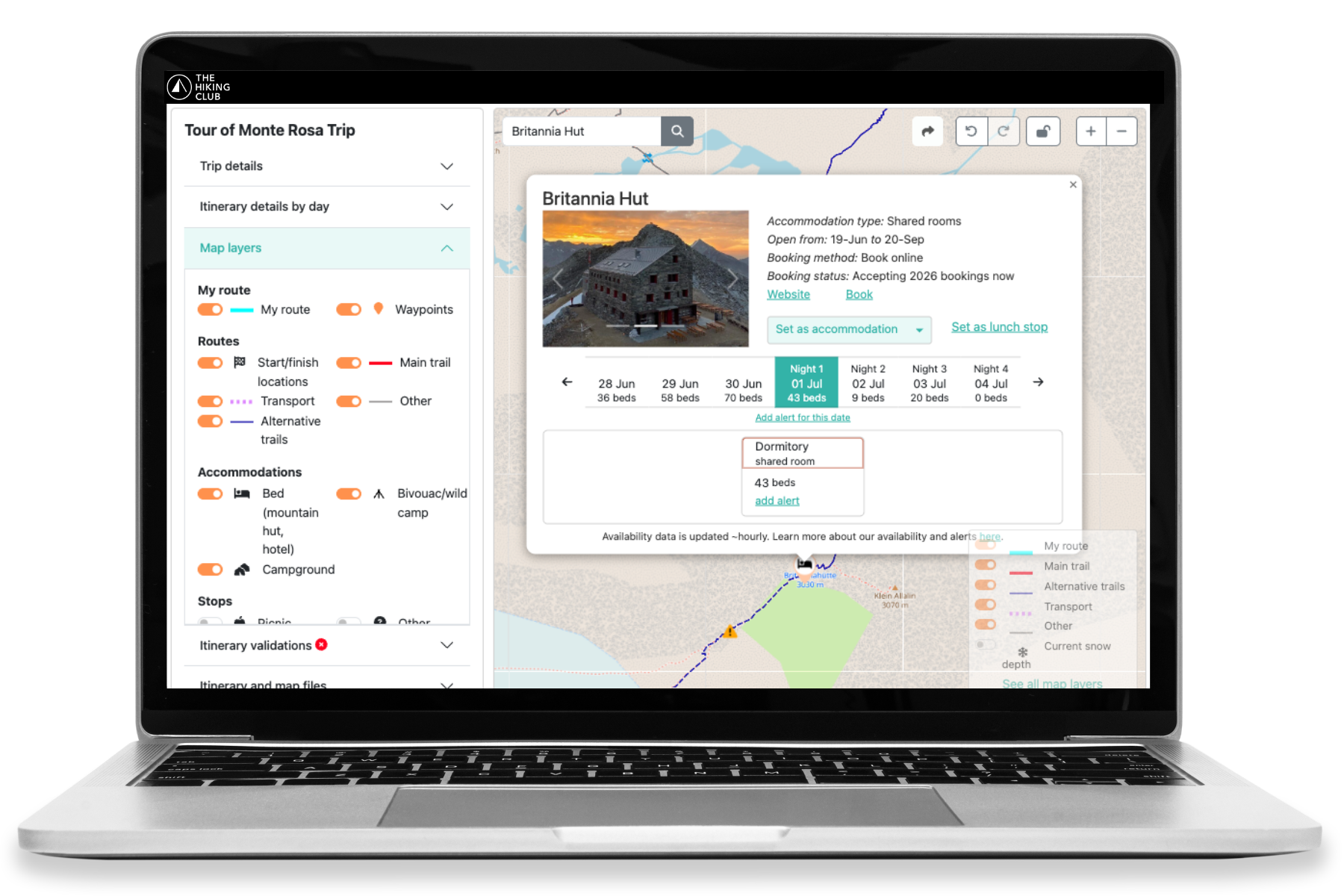 Live Tour of Monte Rosa accommodation availability in The Hiking Club platform
