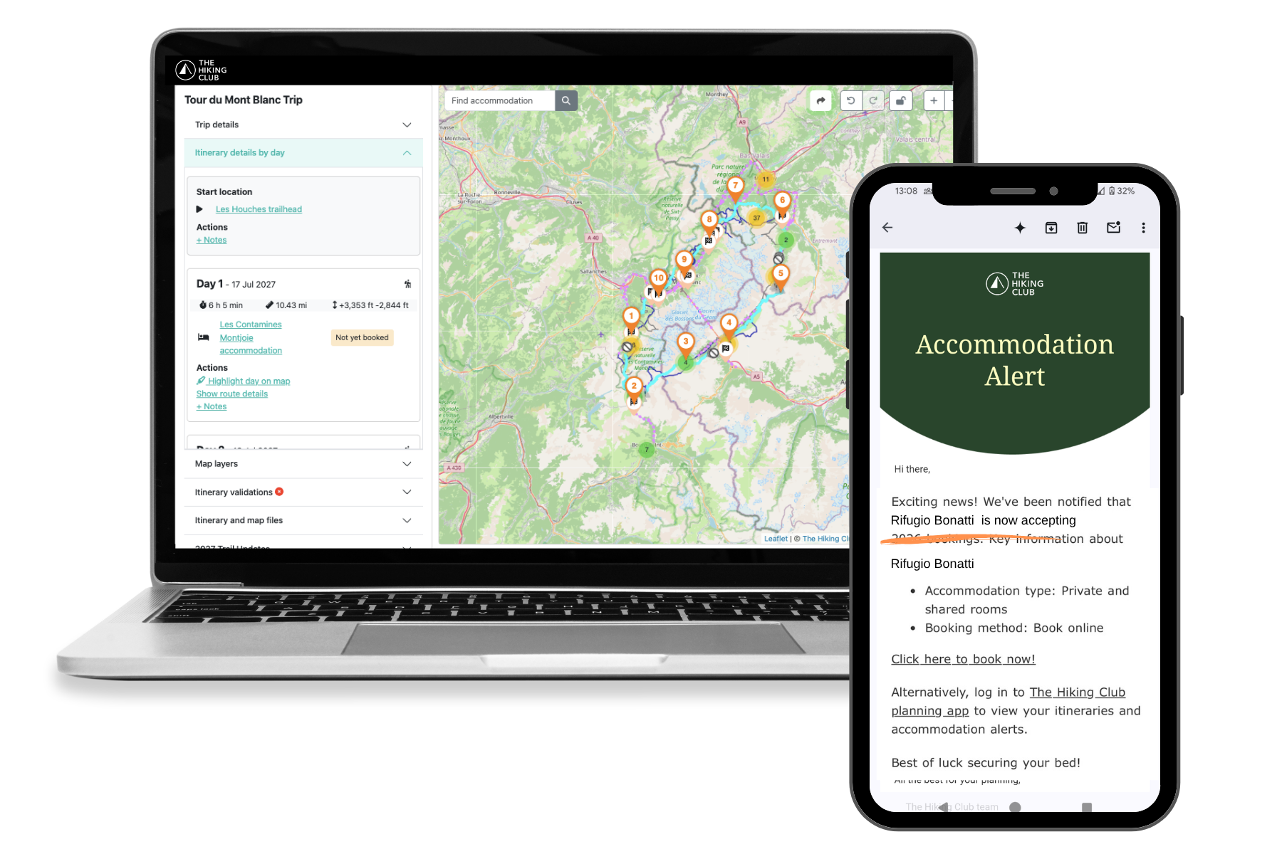 The Hiking Club Tour du Mont Blanc planning platform showing a personalised itinerary, daily hiking statistics, route map and accommodation booking status