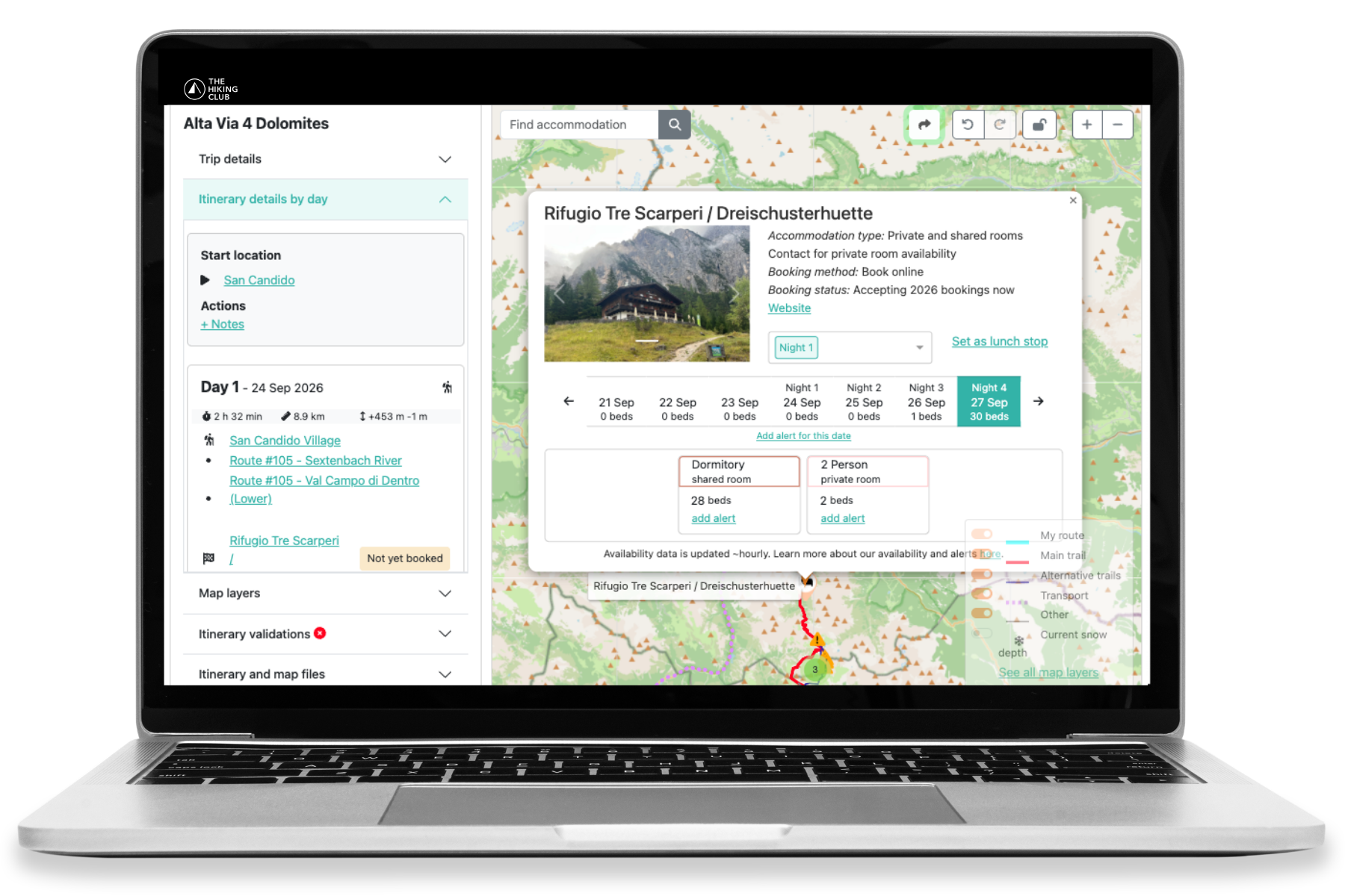 Live Alta Via 4 accommodation availability in The Hiking Club planning platform