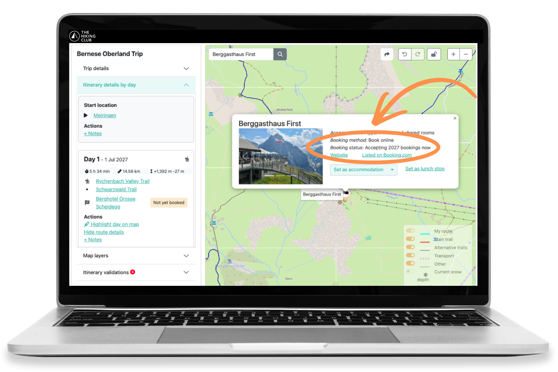 The Hiking Club itinerary showing Bernese Oberland accommodation booking status for each night
