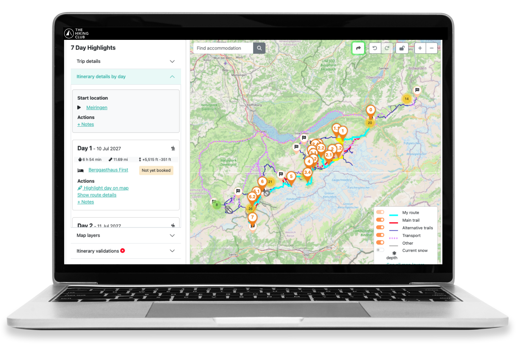 The Hiking Club platform showing a Bernese Oberland itinerary, daily stages and accommodation planning