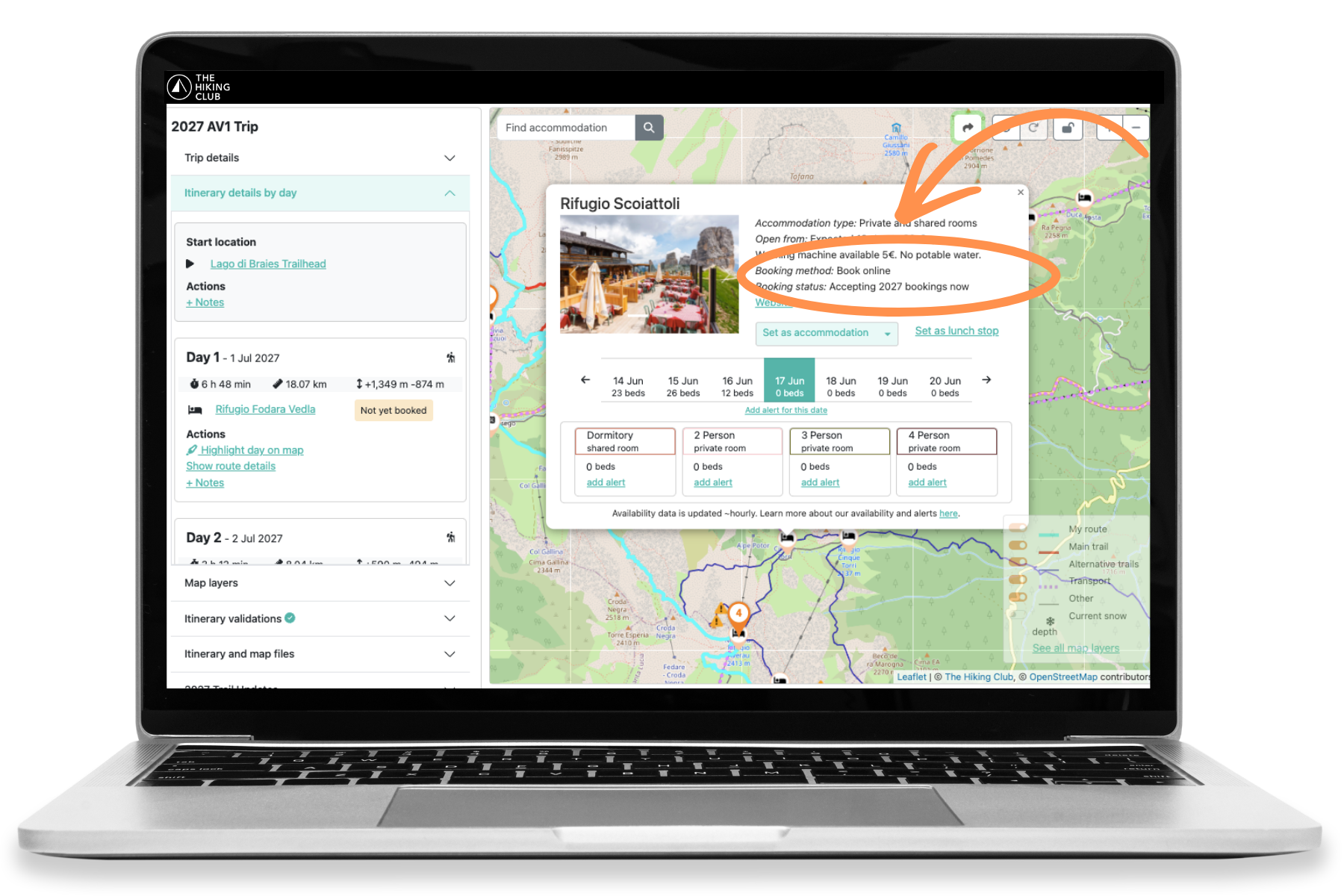 The Hiking Club showing the accommodation booking status for each night of an Alta Via 1 itinerary
