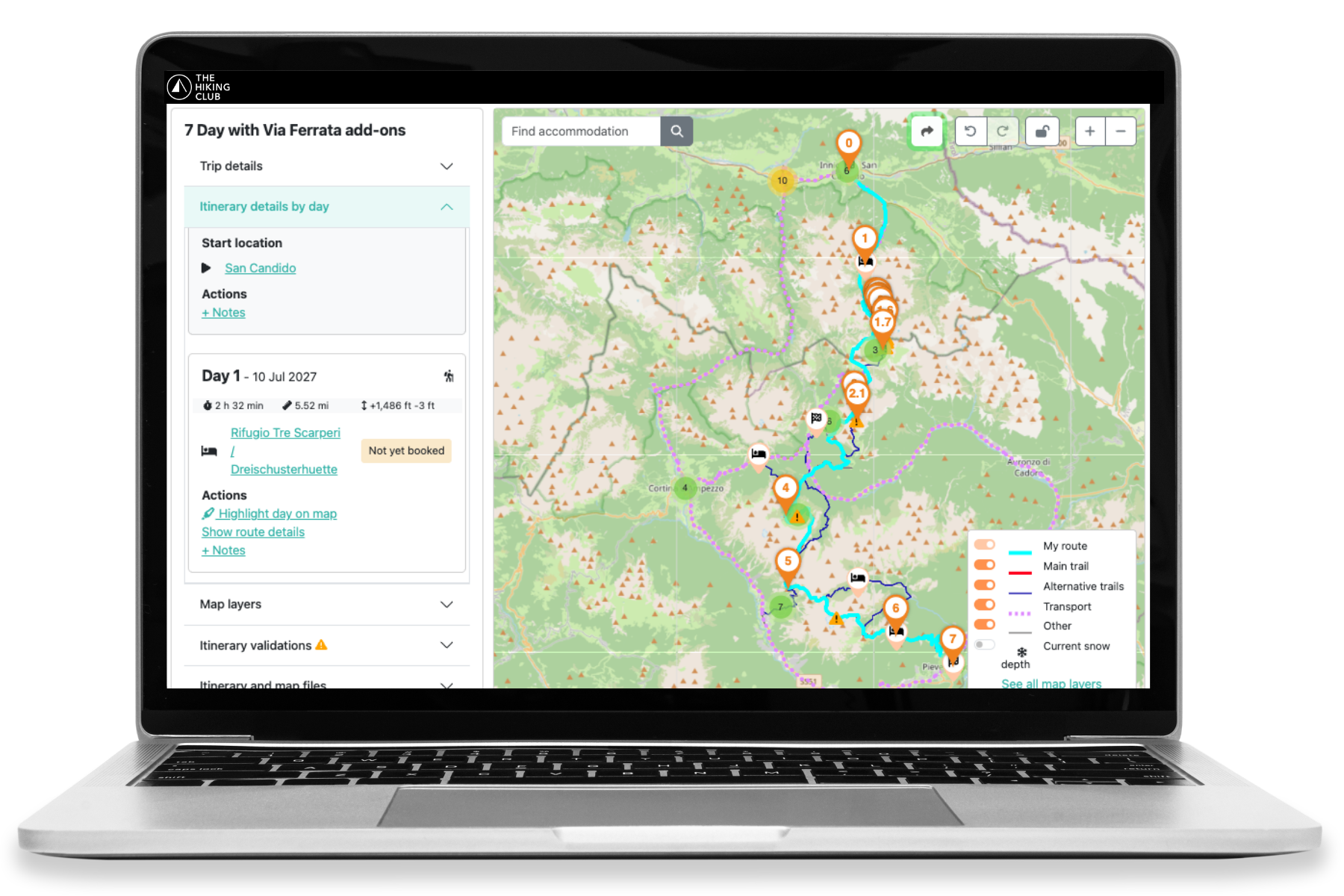 The Hiking Club platform showing Alta Via 4 itinerary and accommodation planning